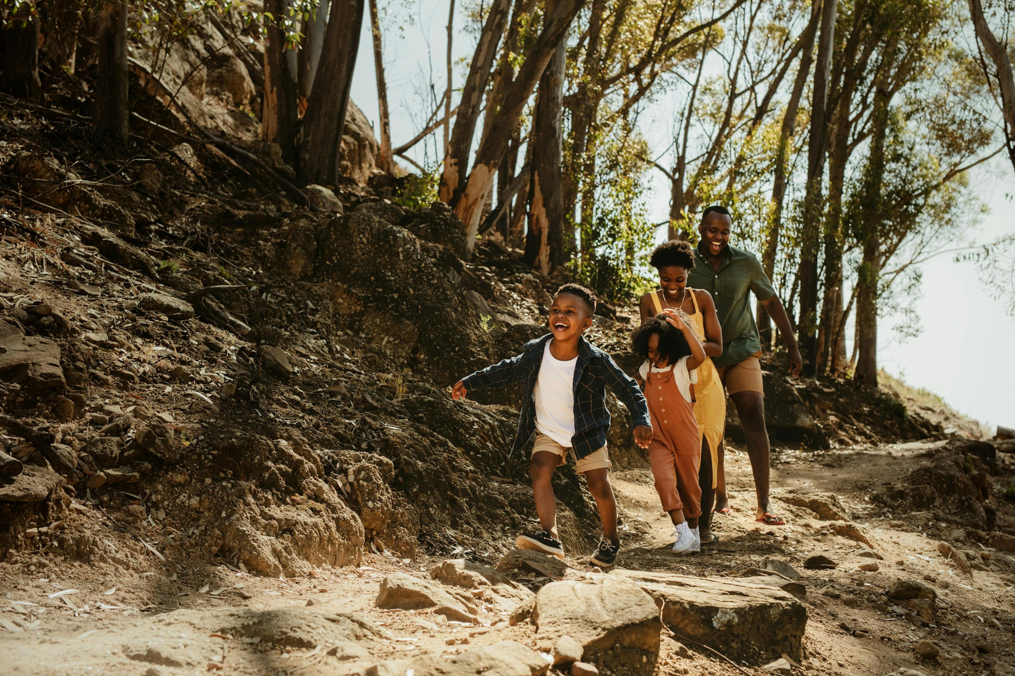 family hiking on a sunny day