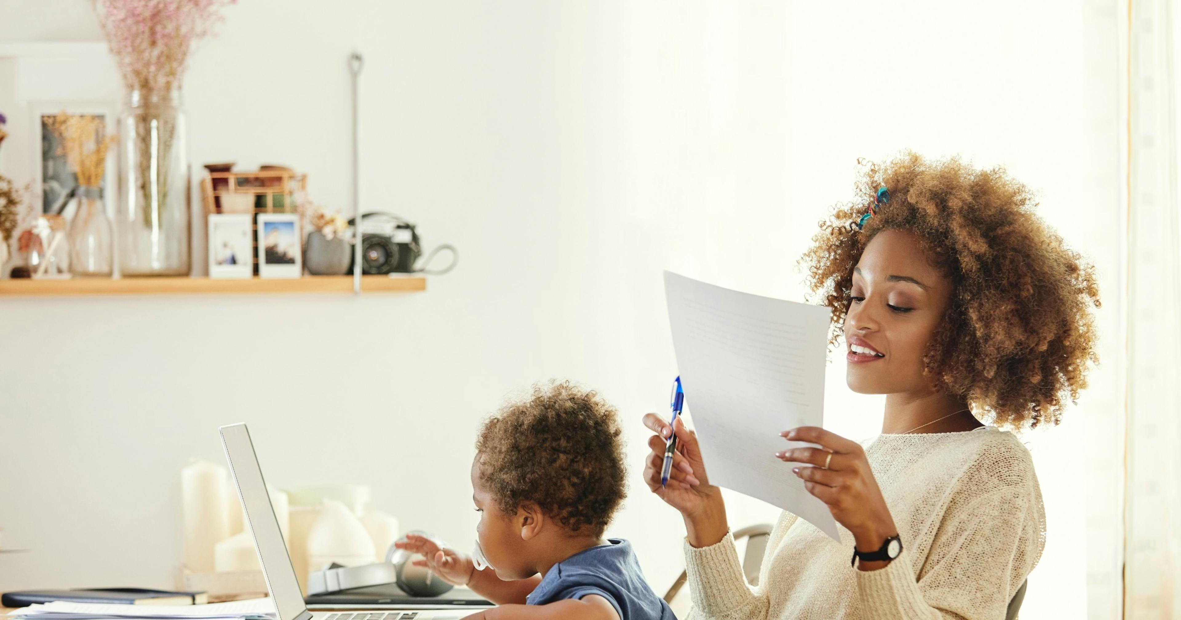 mother with son working from home