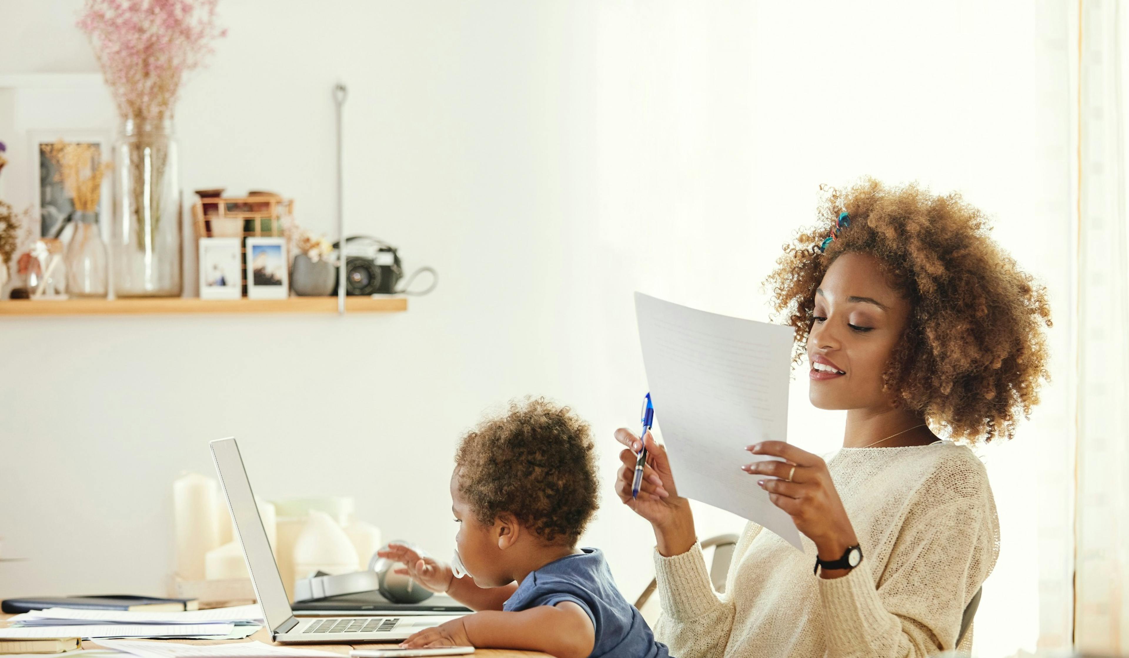 mother with son working from home