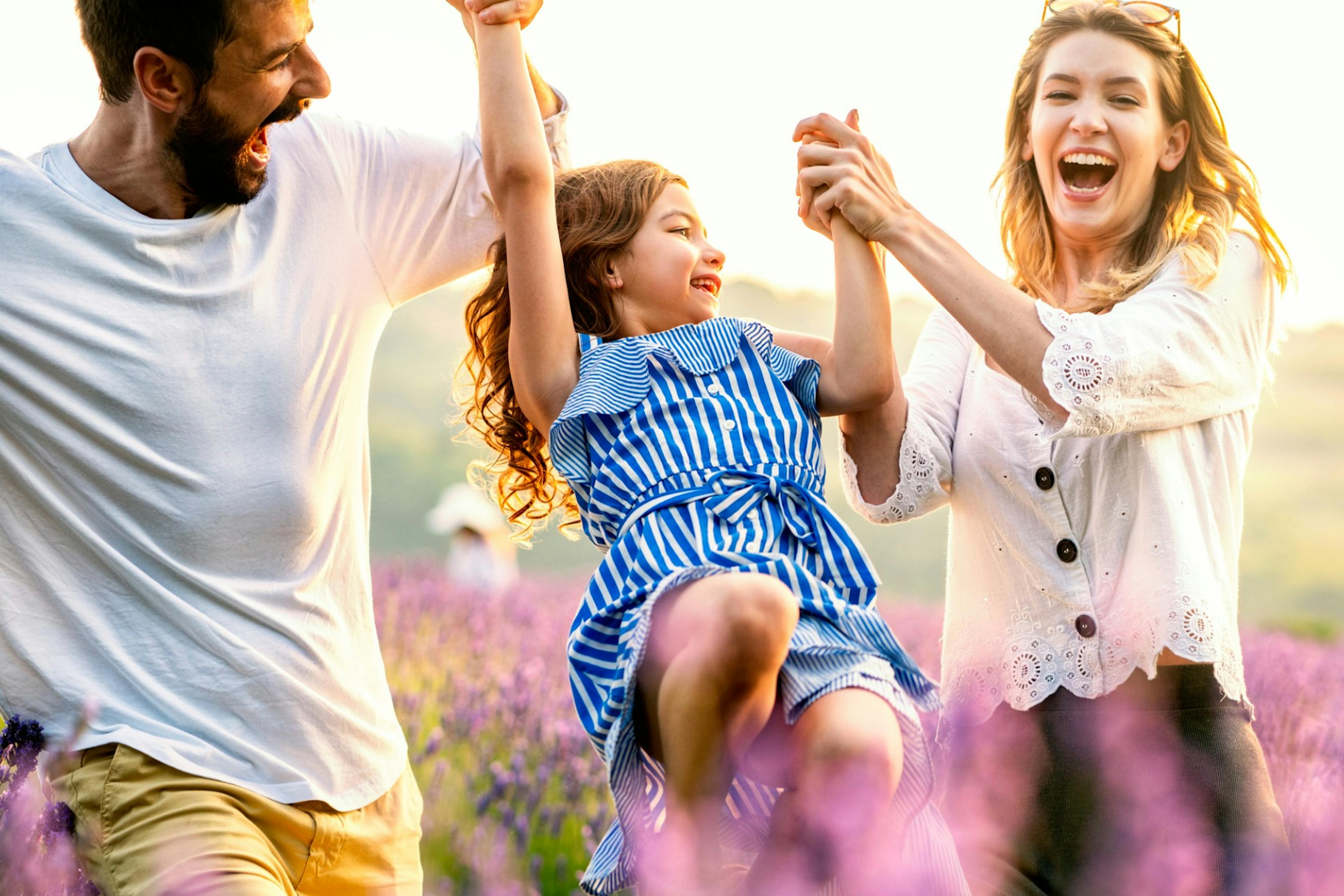 happy family in lavender field