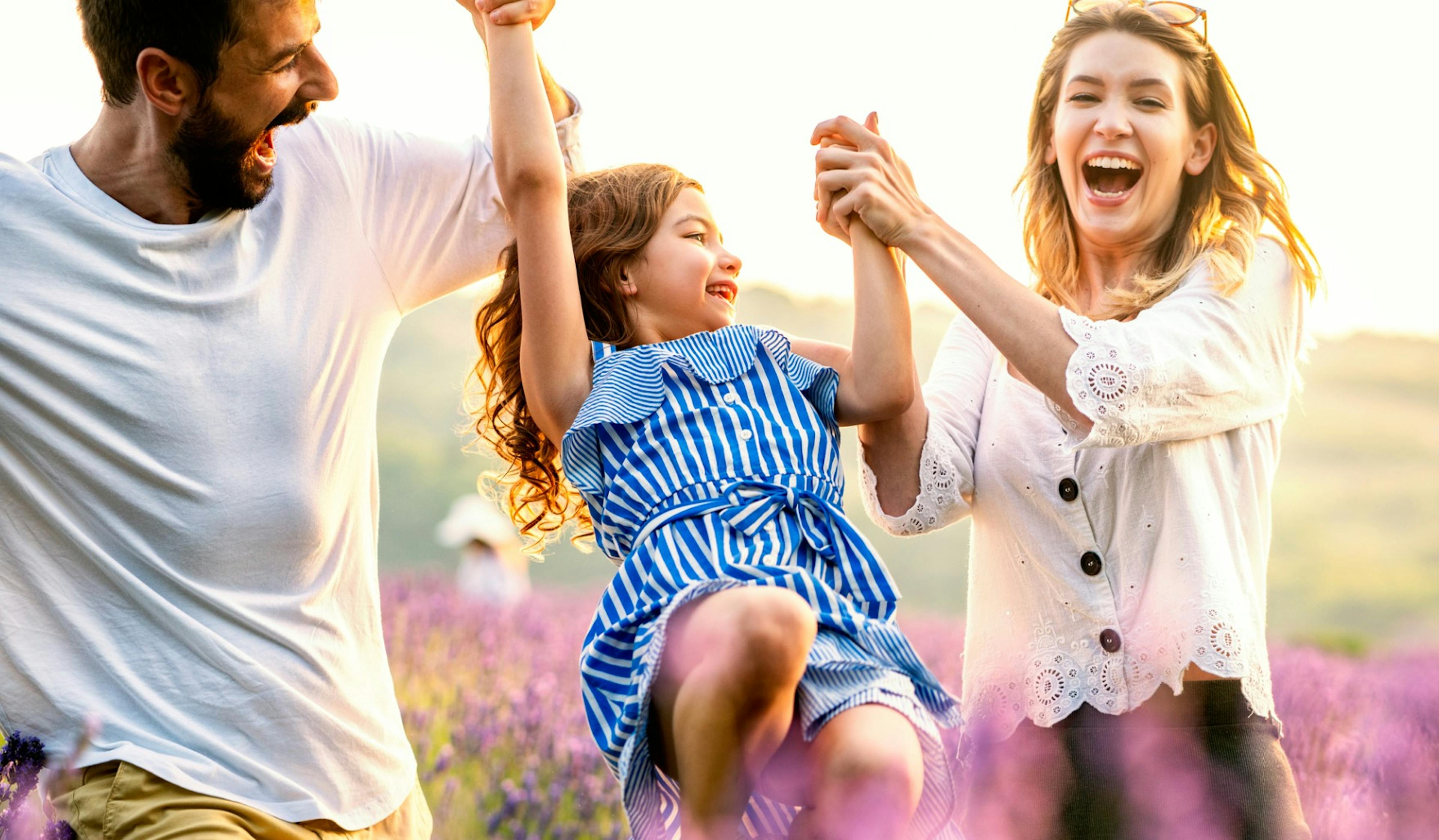 happy family in lavender field