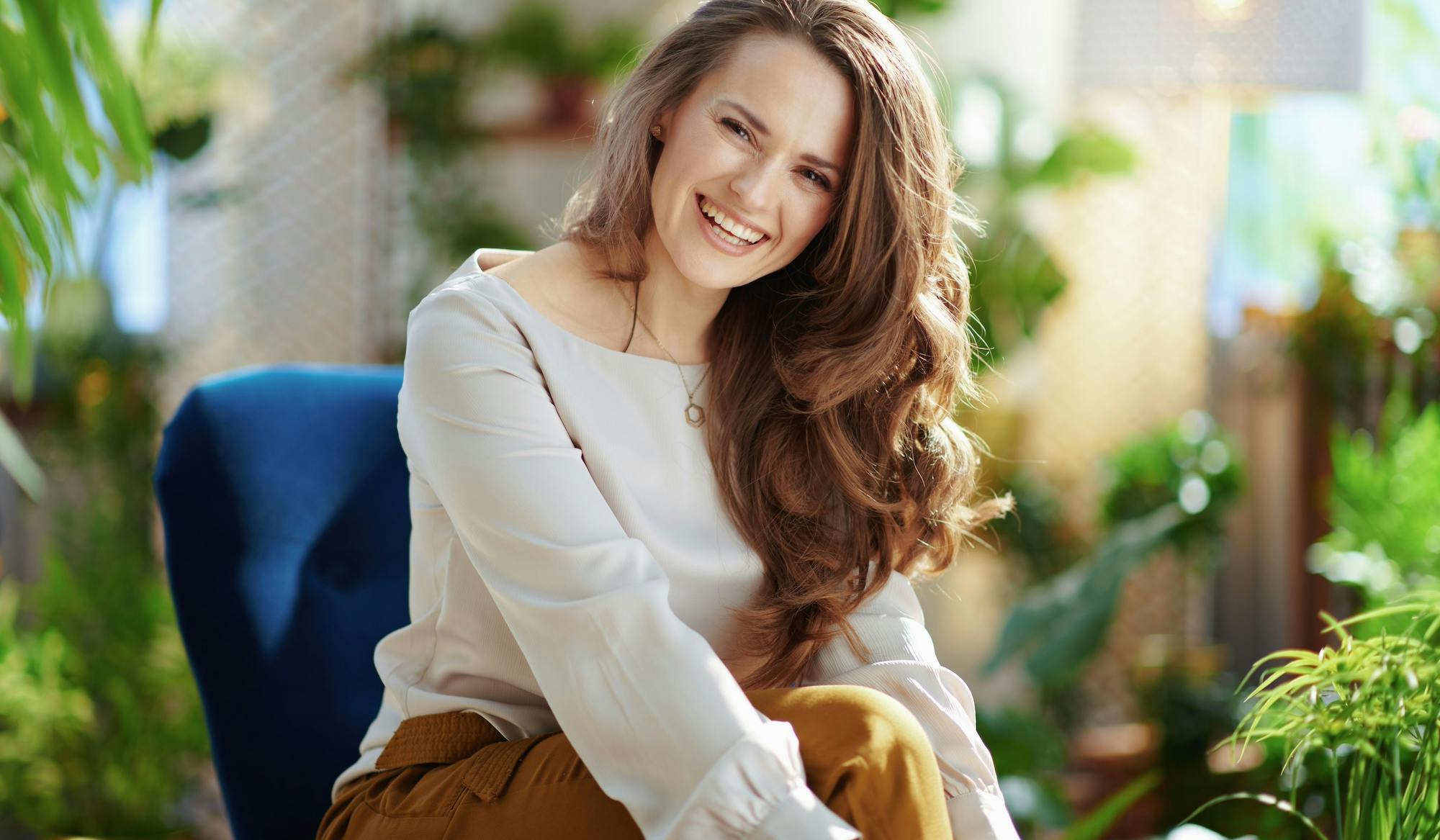 happy woman in her 40s