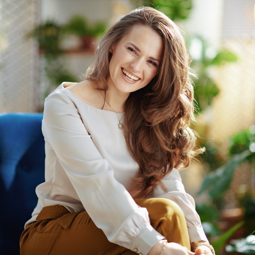 happy woman in her 40s