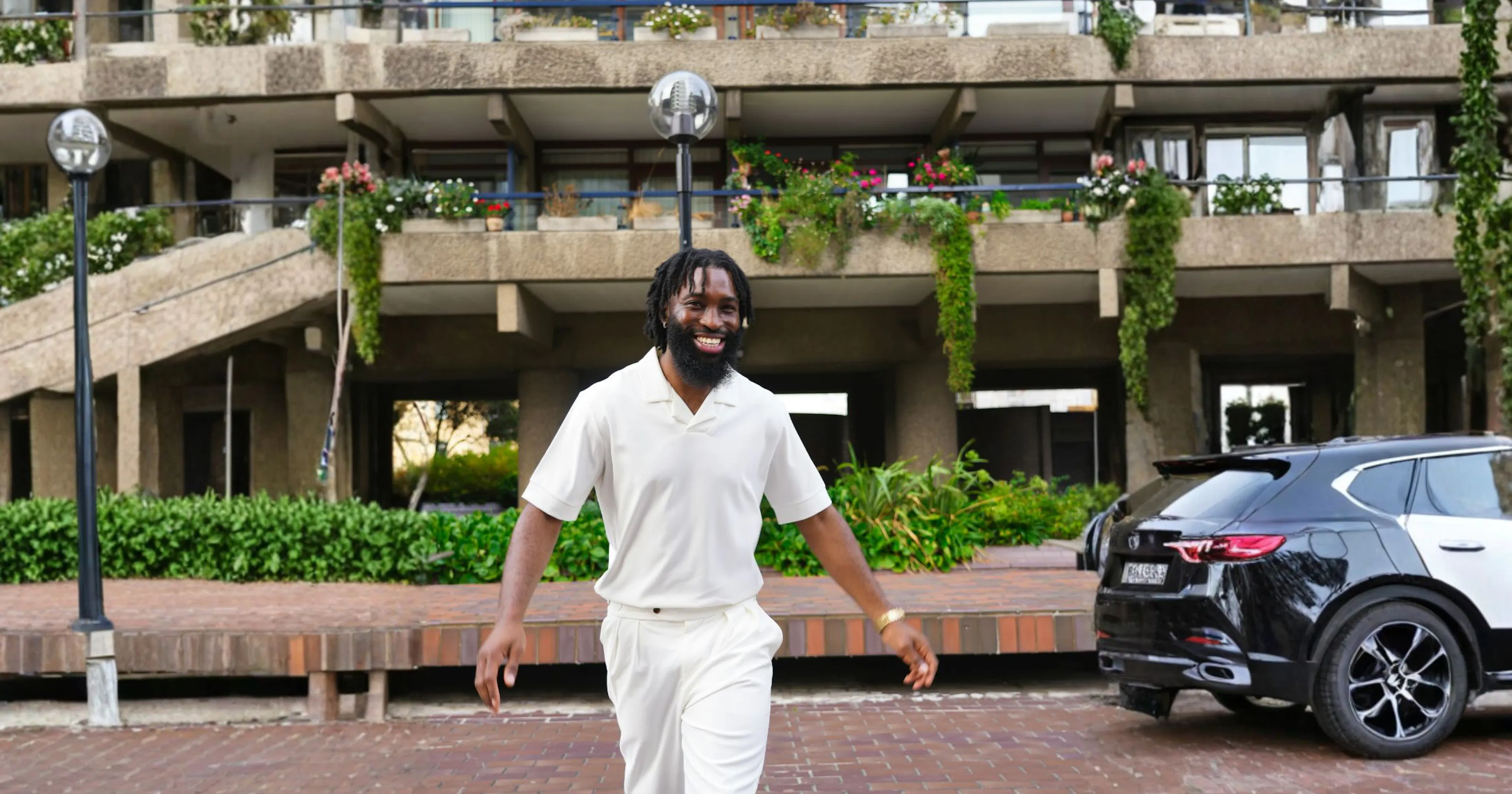 happy man walking outside