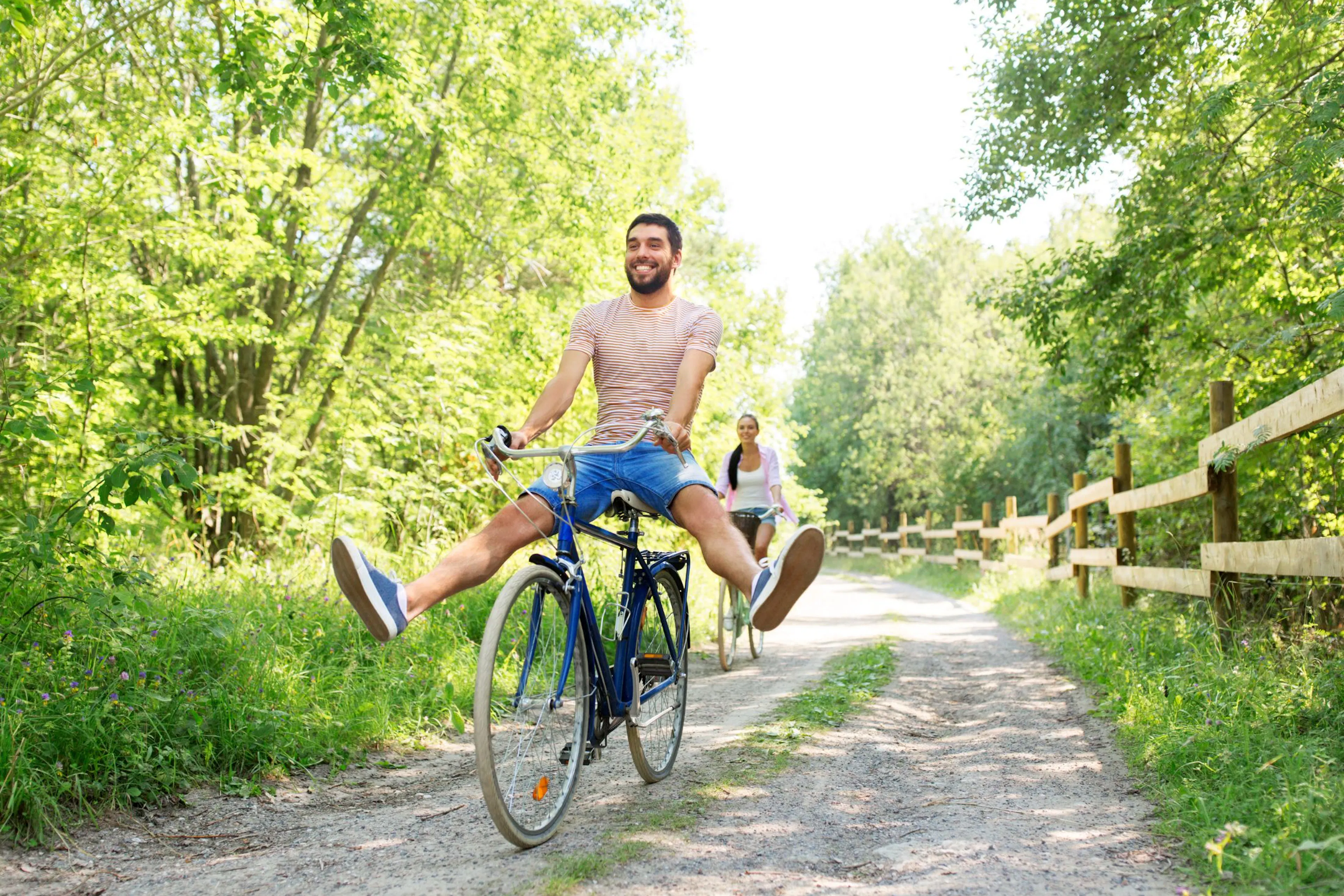 happy couple biking