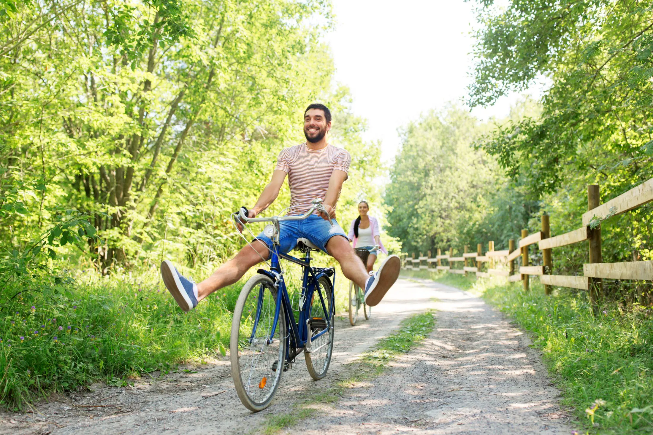 happy couple biking