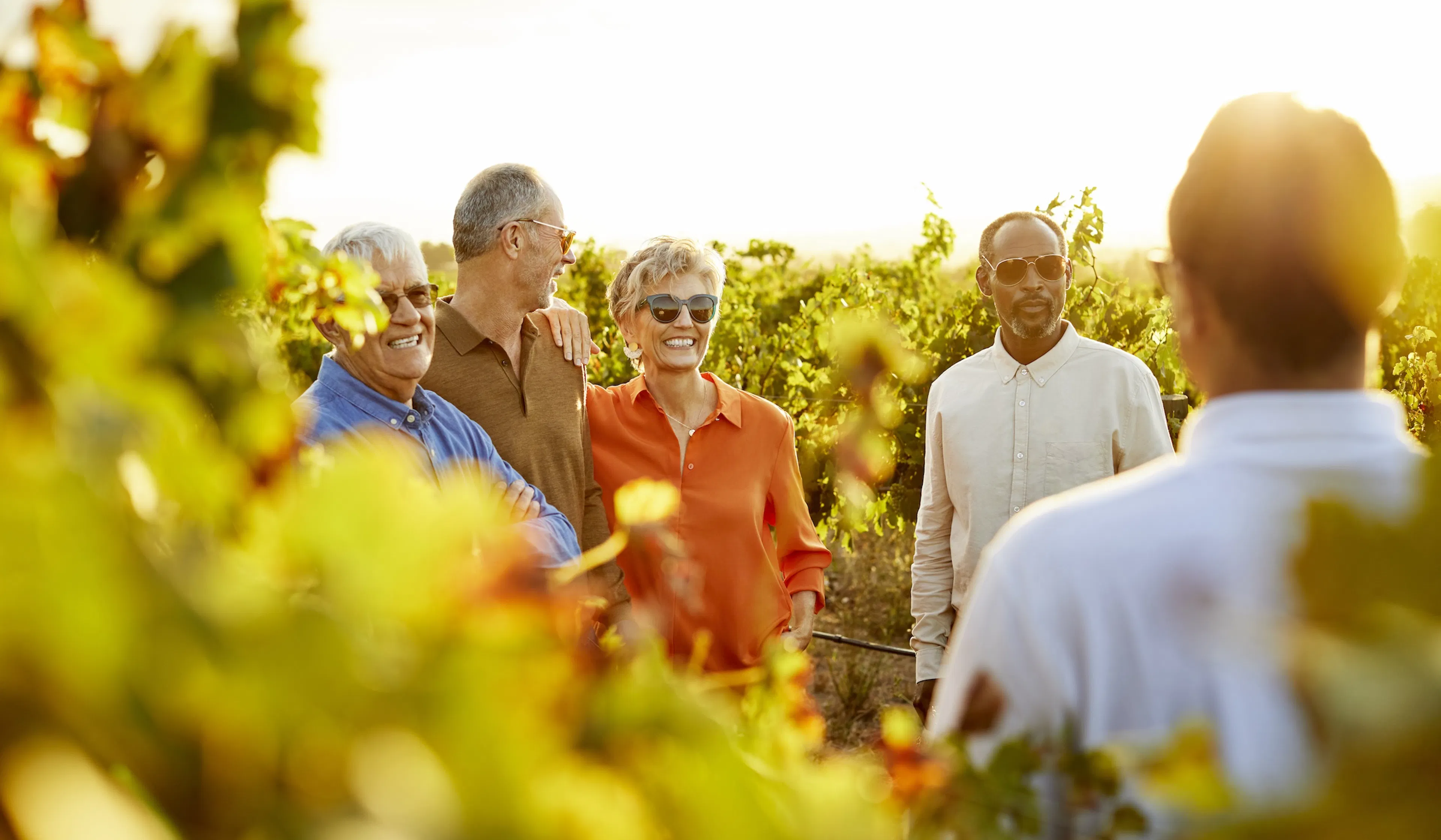 Smiling friends talking in a vineyard