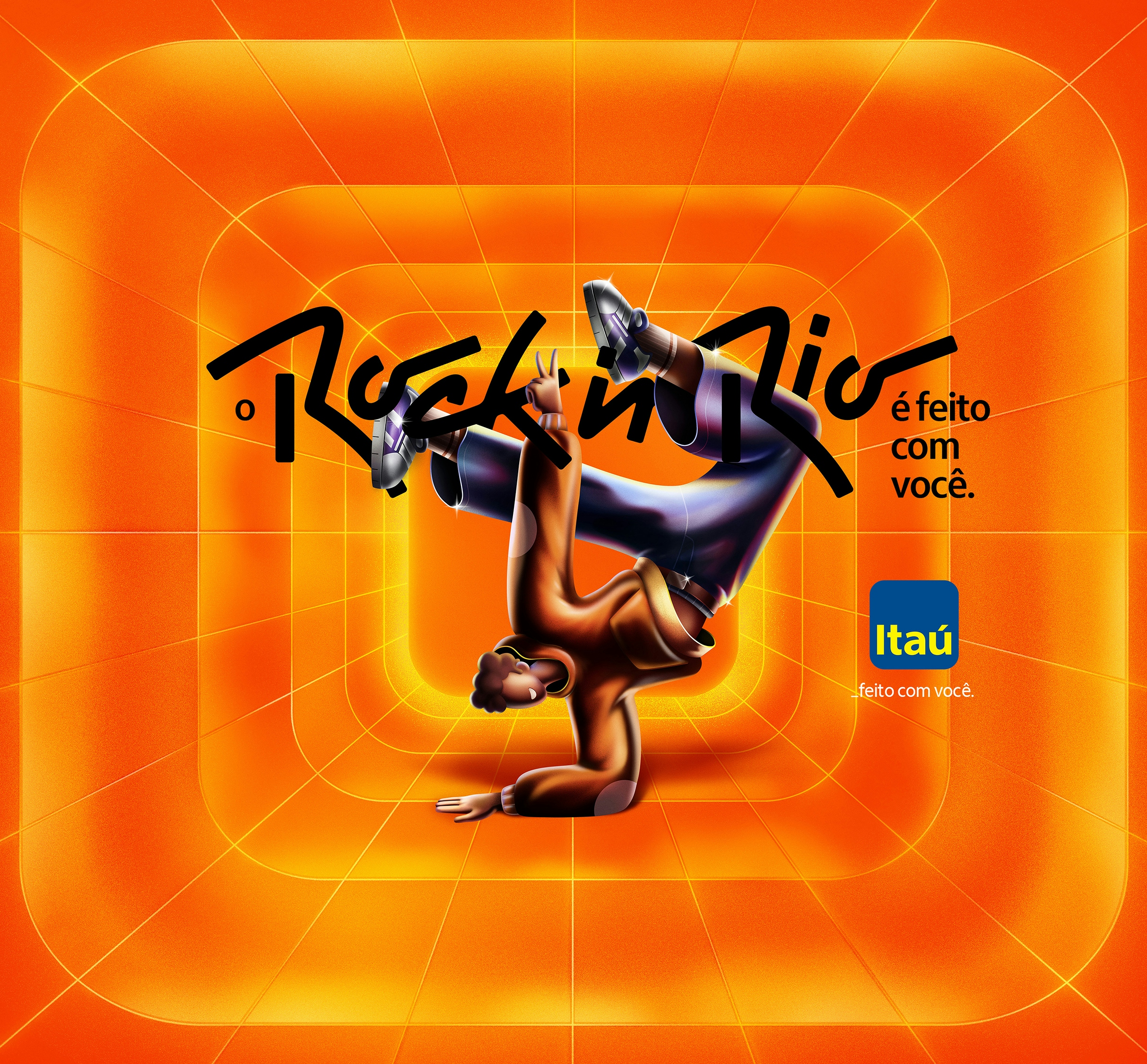ilustração personagem masculino dançando em um fundo laranja infinito escrito "O Rock in Rio é feito com você"