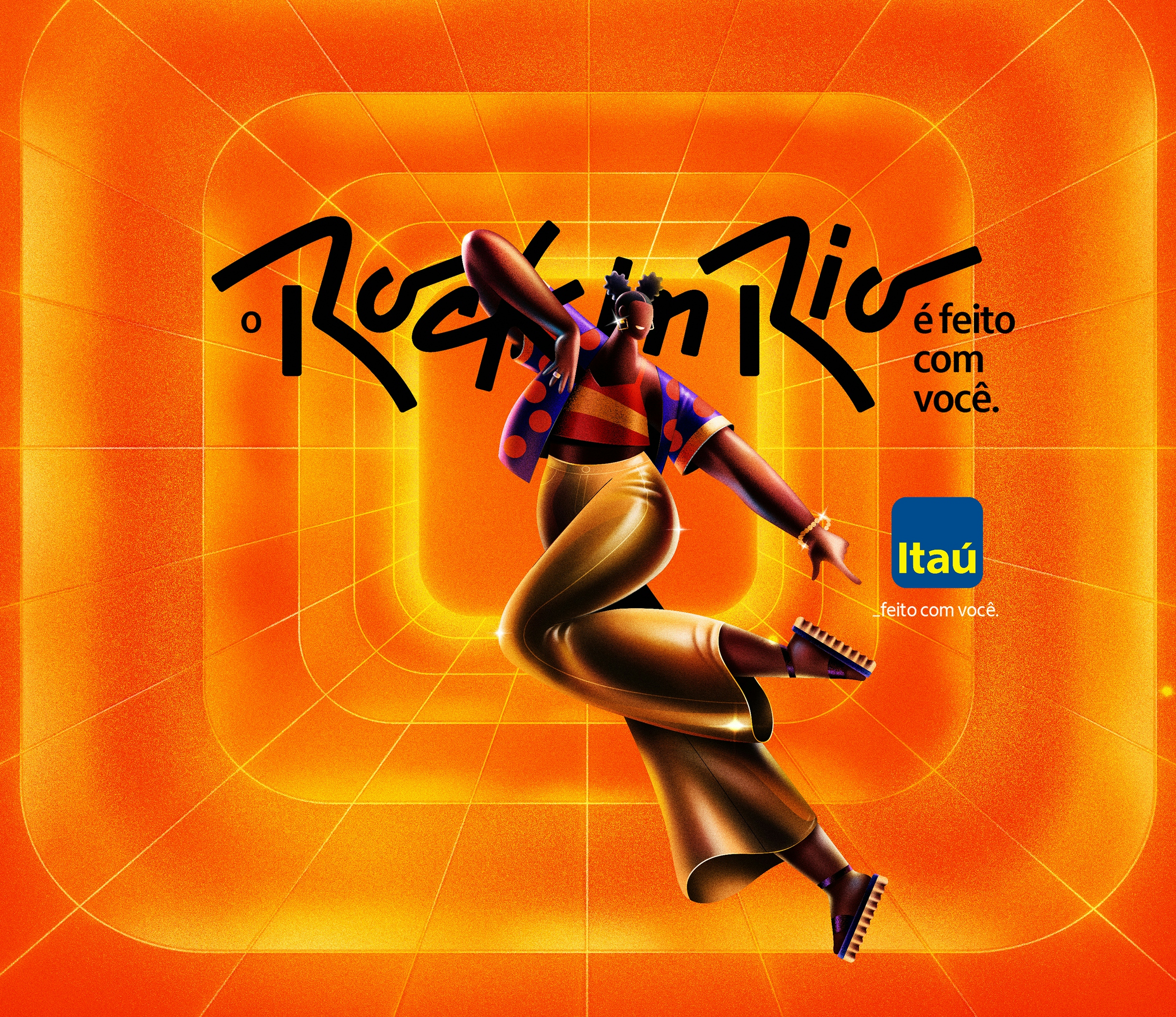 ilustração personagem feminina dançando em um fundo laranja infinito escrito "O Rock in Rio é feito com você"