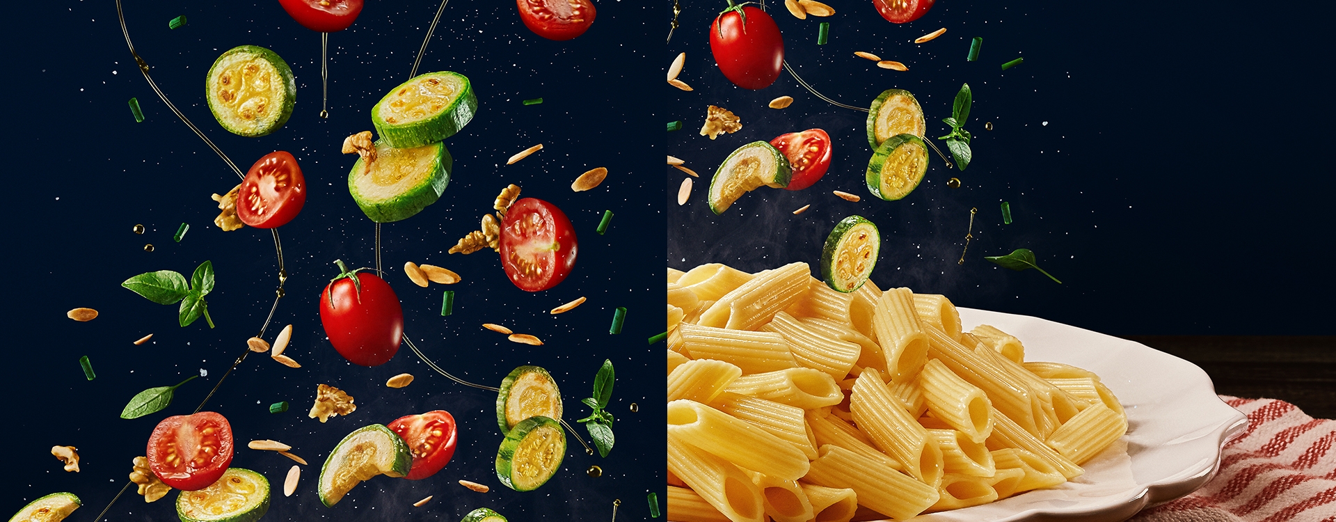 Primeira foto: abobrinha, tomates cereja, azeite e grãos. Segunda foto: macarrão penne