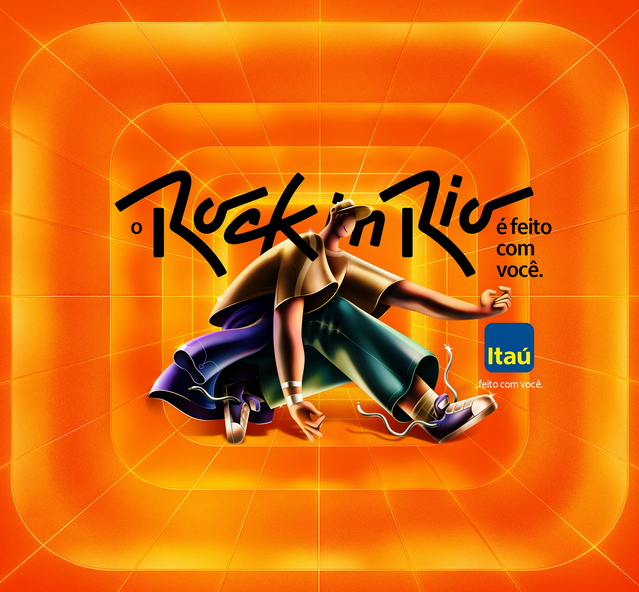 Detalhes da ilustração com o personagem masculino em um fundo laranja infinito