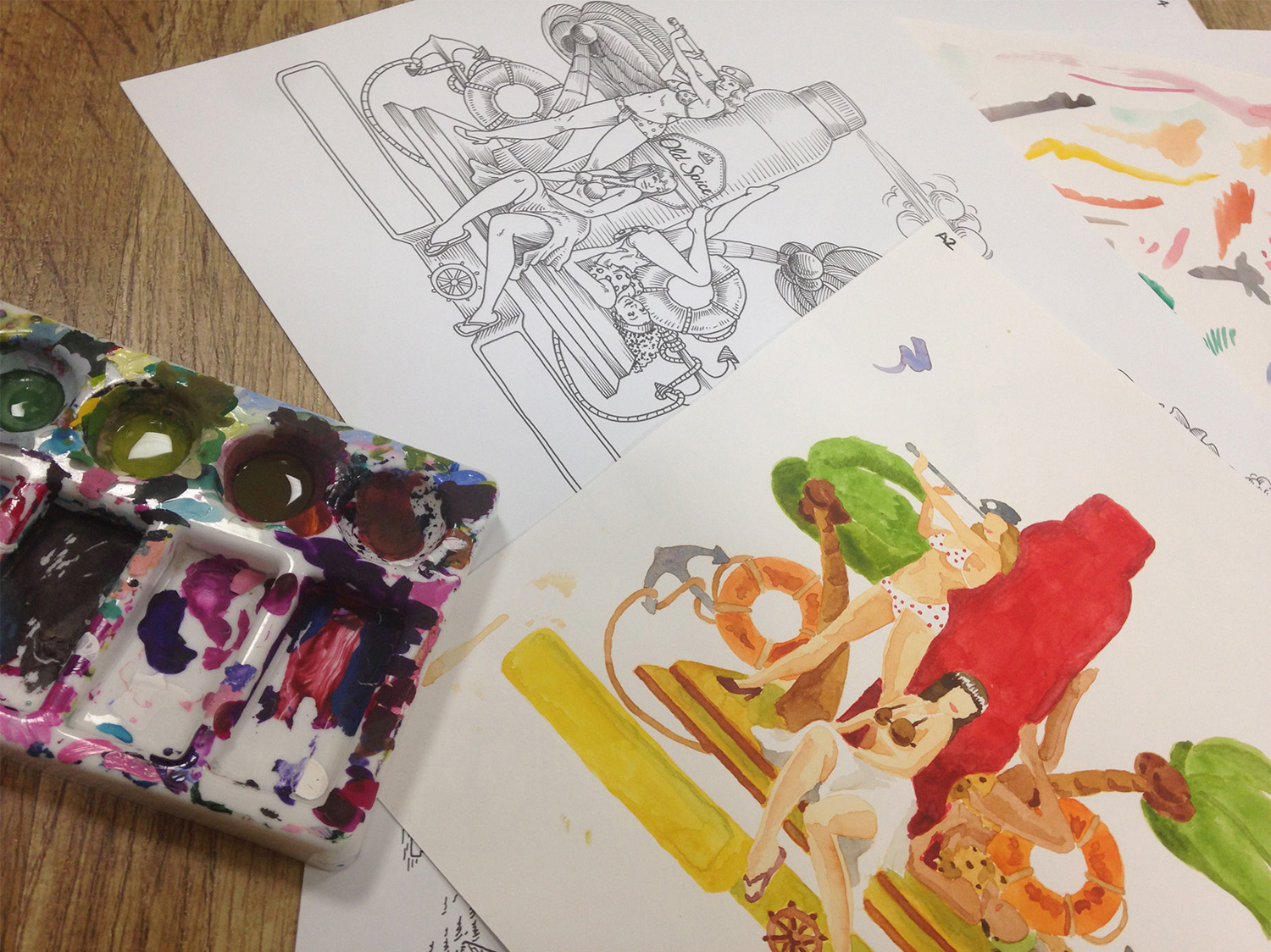 ilustração, Old Spice, mar, Old School, papel, rough, tinta