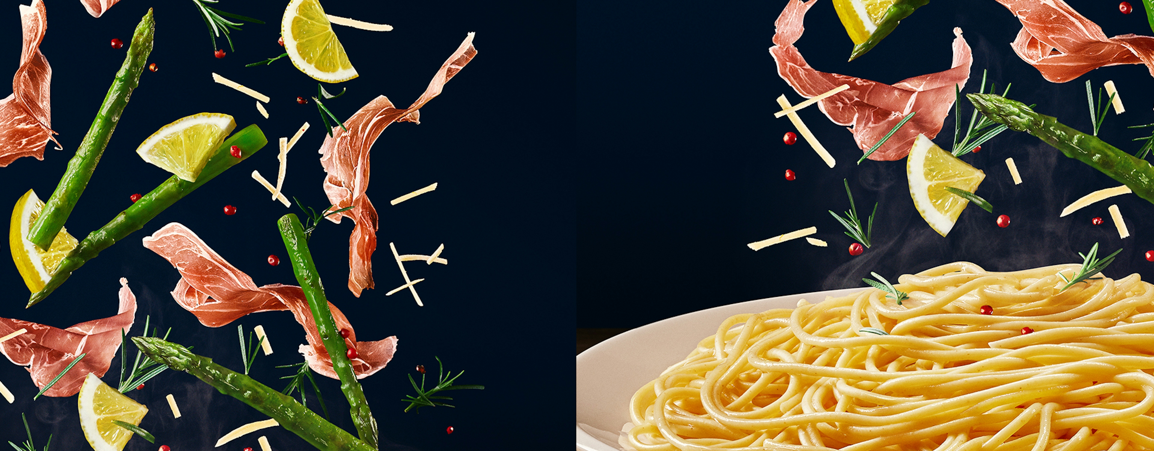 Primeira foto: aspargos, limão e presunto parma. Segunda foto: macarrão espaguete
