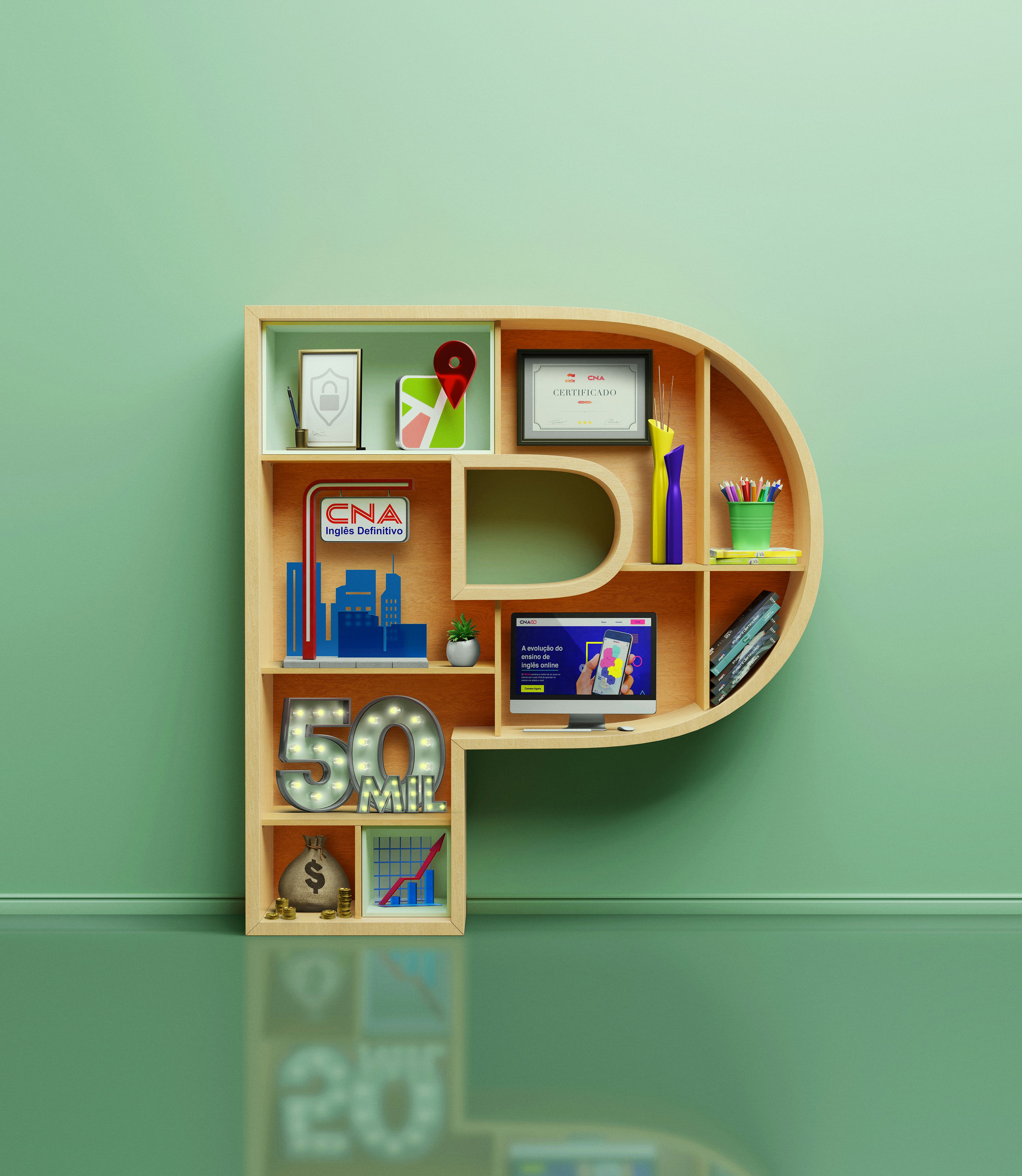 Letra P em 3D com prateleiras com diversos itens