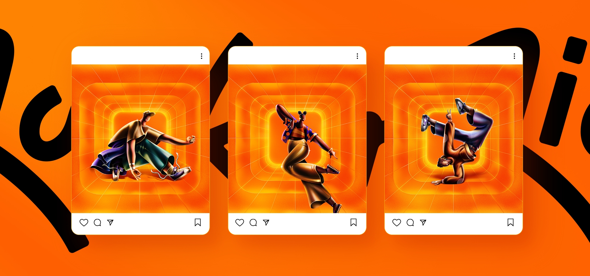 Mockup de como a ilustração de cada um dos personagens ficaria no feed do itaú