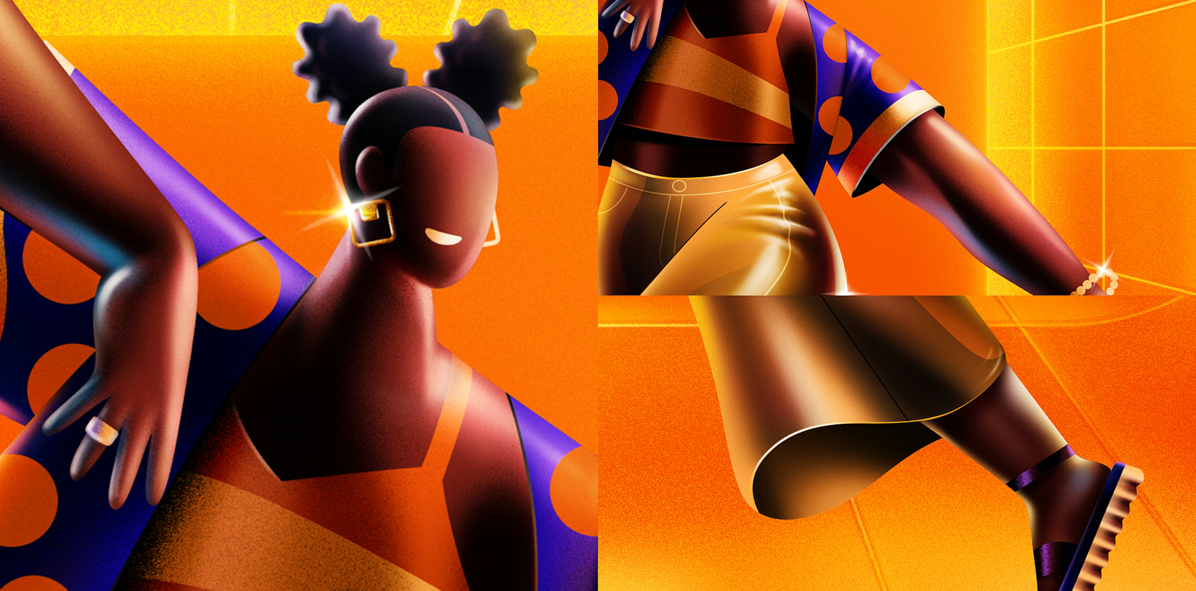 Detalhes da ilustração com a personagem feminina em um fundo laranja infinito