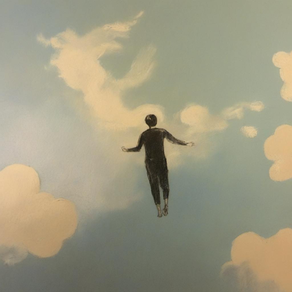 An image of a man floating in the sky. 