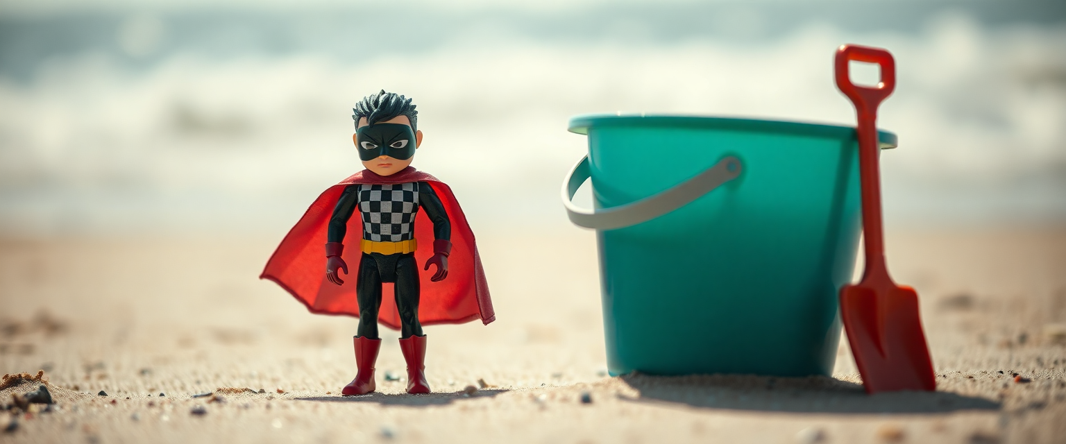 Sad action figure on the beach