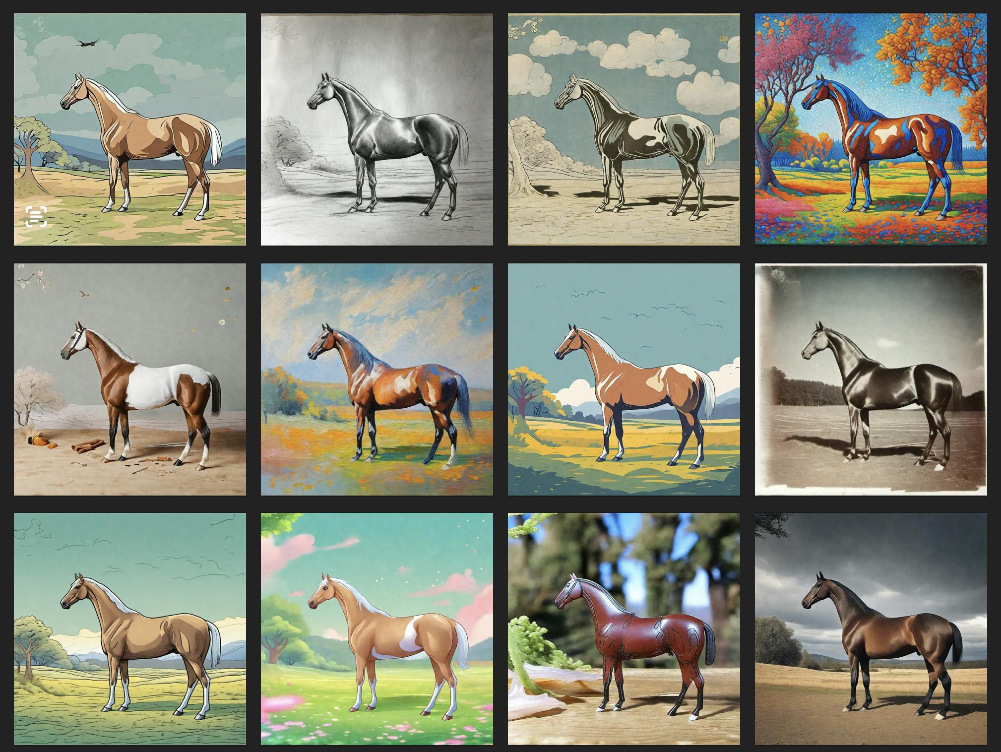 A simple prompt "a horse in a field" styled many ways with our style presets.