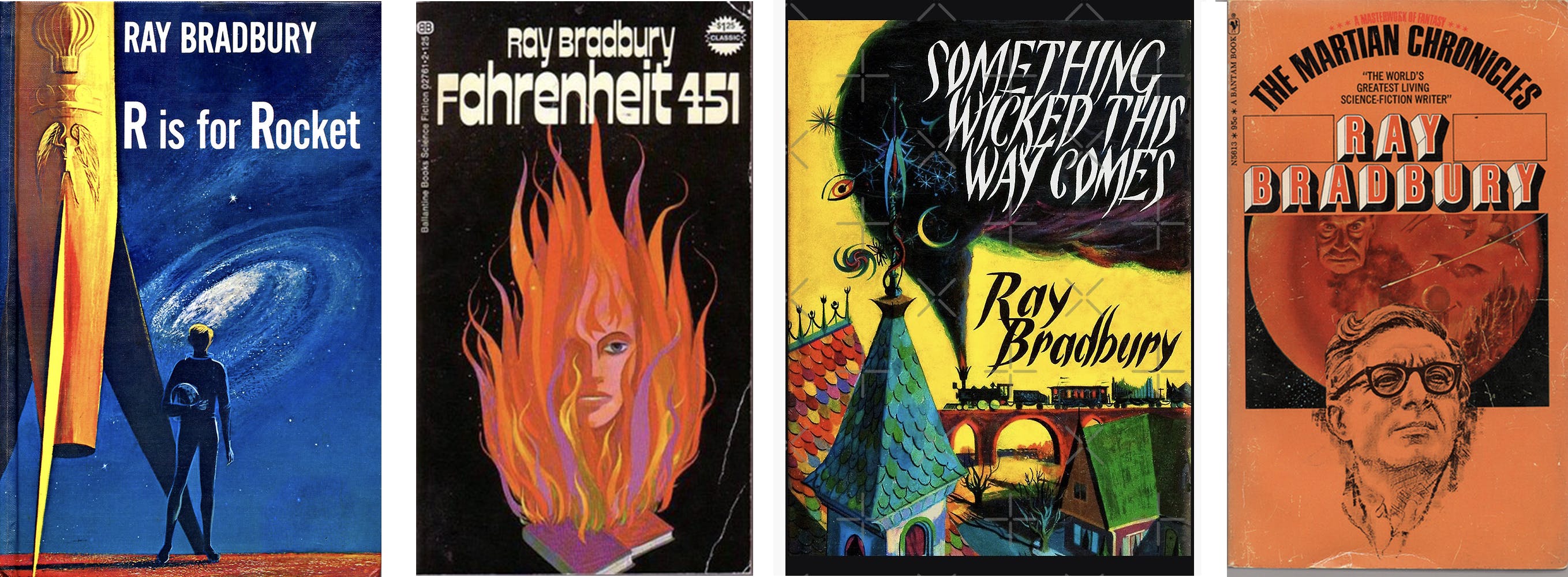 Classic Bradbury book covers.