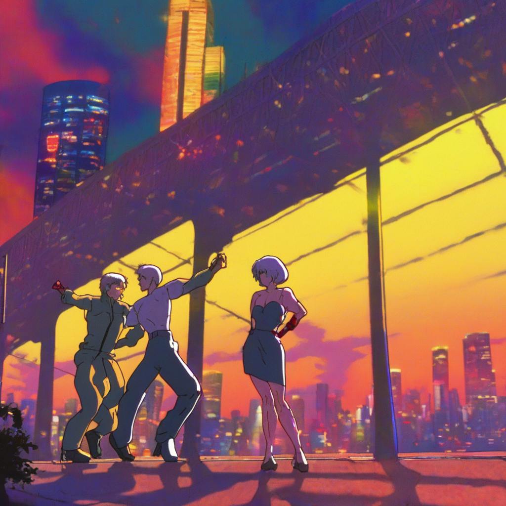 80s cyberpunk anime version of la la land poster