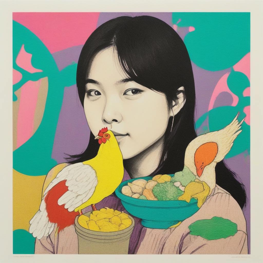 a risograph illustration of Kelly posing behind a bowl of food and a chicken standing on a bin