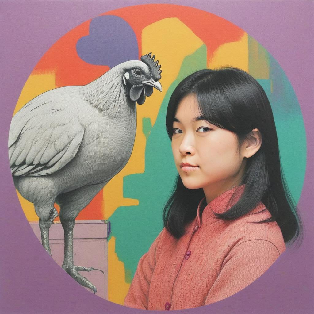 a risograph illustration of Kelly posing with a chicken standing on a bin