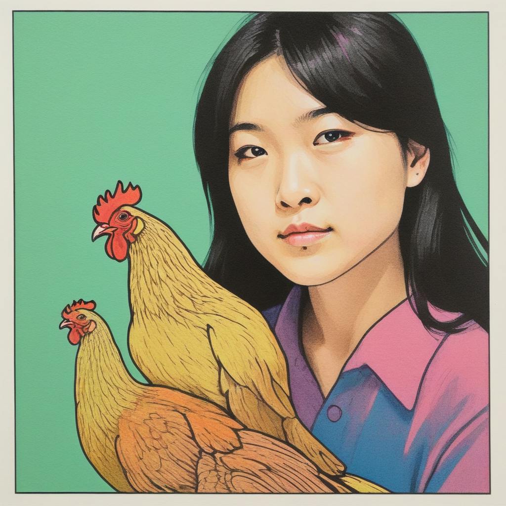 a risograph illustration of Kelly posing with two chickens