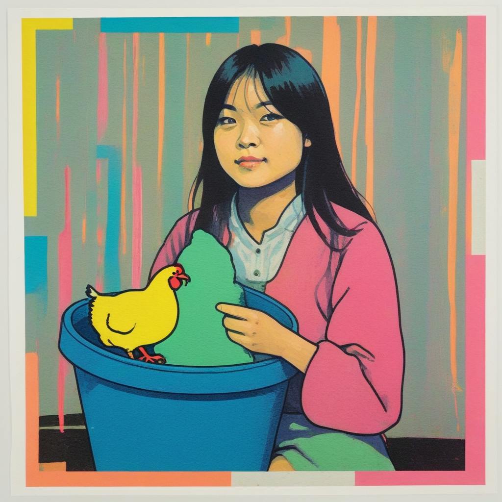 a risograph illustration of Kelly holding a blue bin with a chicken in it