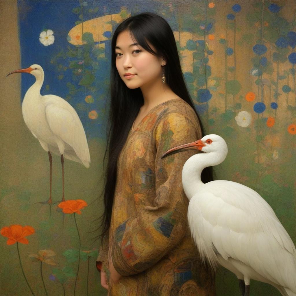 a symbolist painting of Kelly with two ibis birds standing on either side of her. the birds are white with orange beaks.