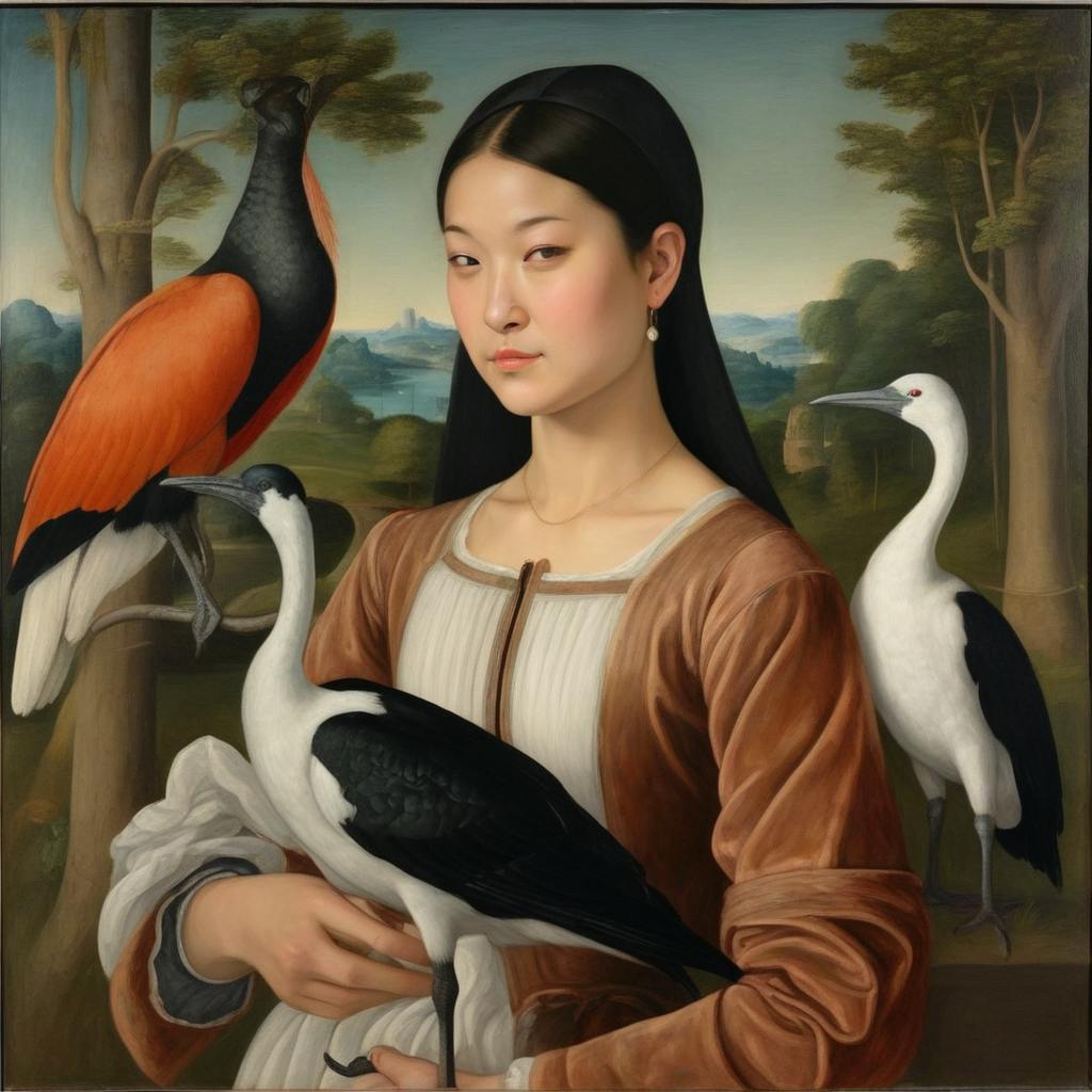 mannerist-style painting of Kelly with three ibis birds around her. two of them have white bodies and black wings, and one has a black body and orange wings.