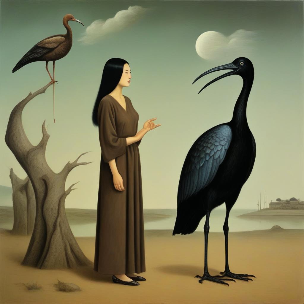 surrealist painting of Kelly standing in the desert with a human-sized all-black ibis bird. there is a smaller brown ibis bird perched on a bare tree.