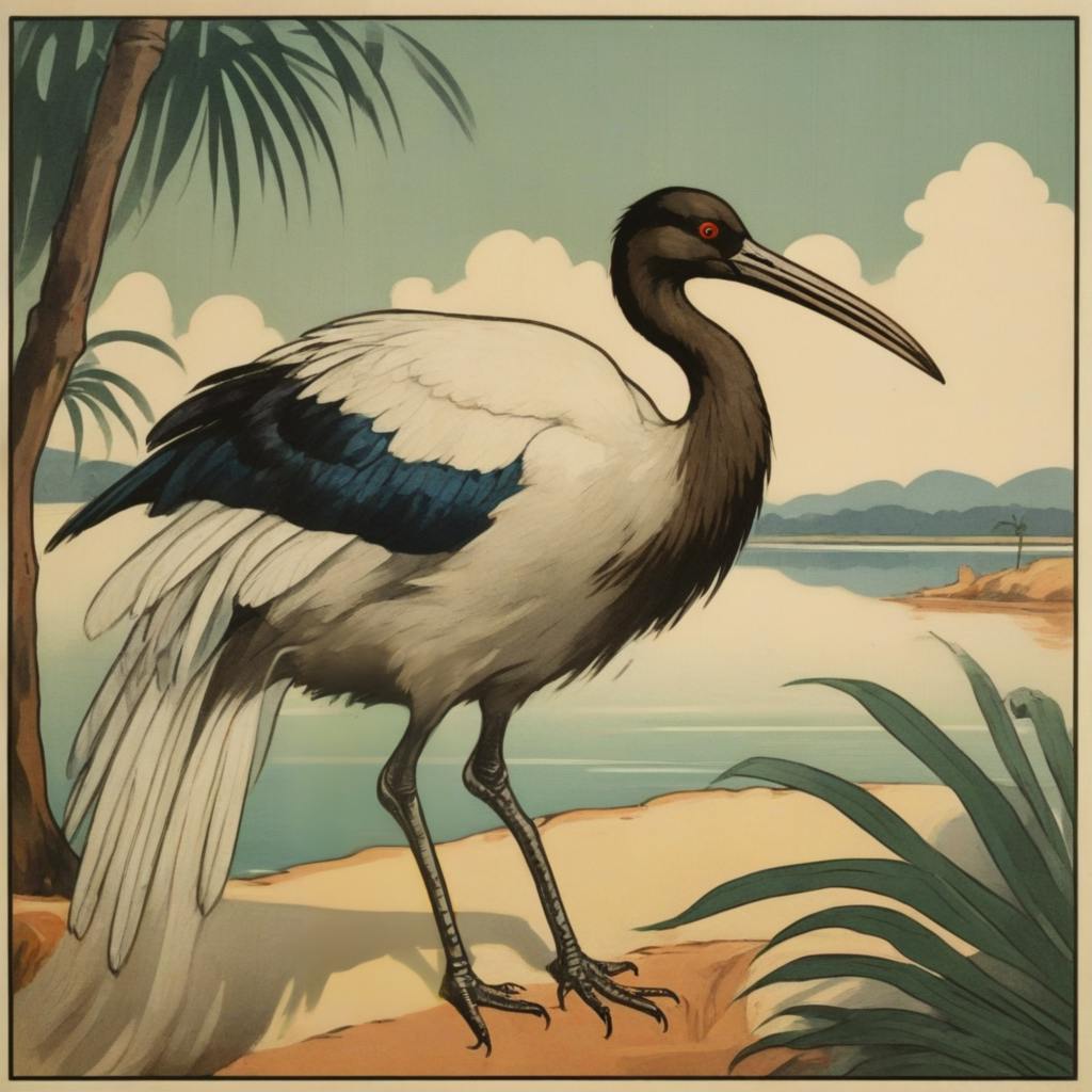 A retro illustrated travel postcard of an accurately-colored Australian white ibis standing on the beach