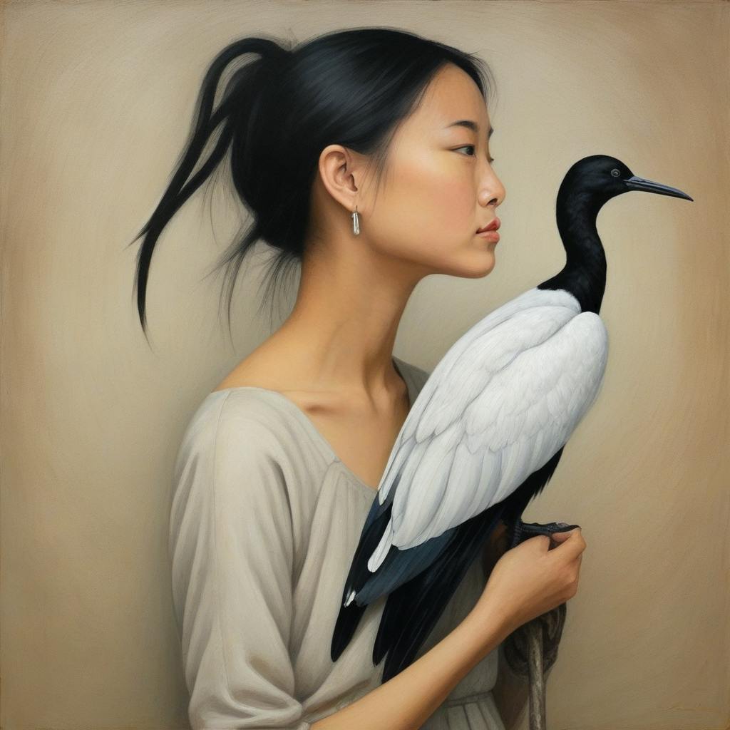 an oil painting of Kelly turned to the side, holding an accurately-colored Australian white ibis in her arm.