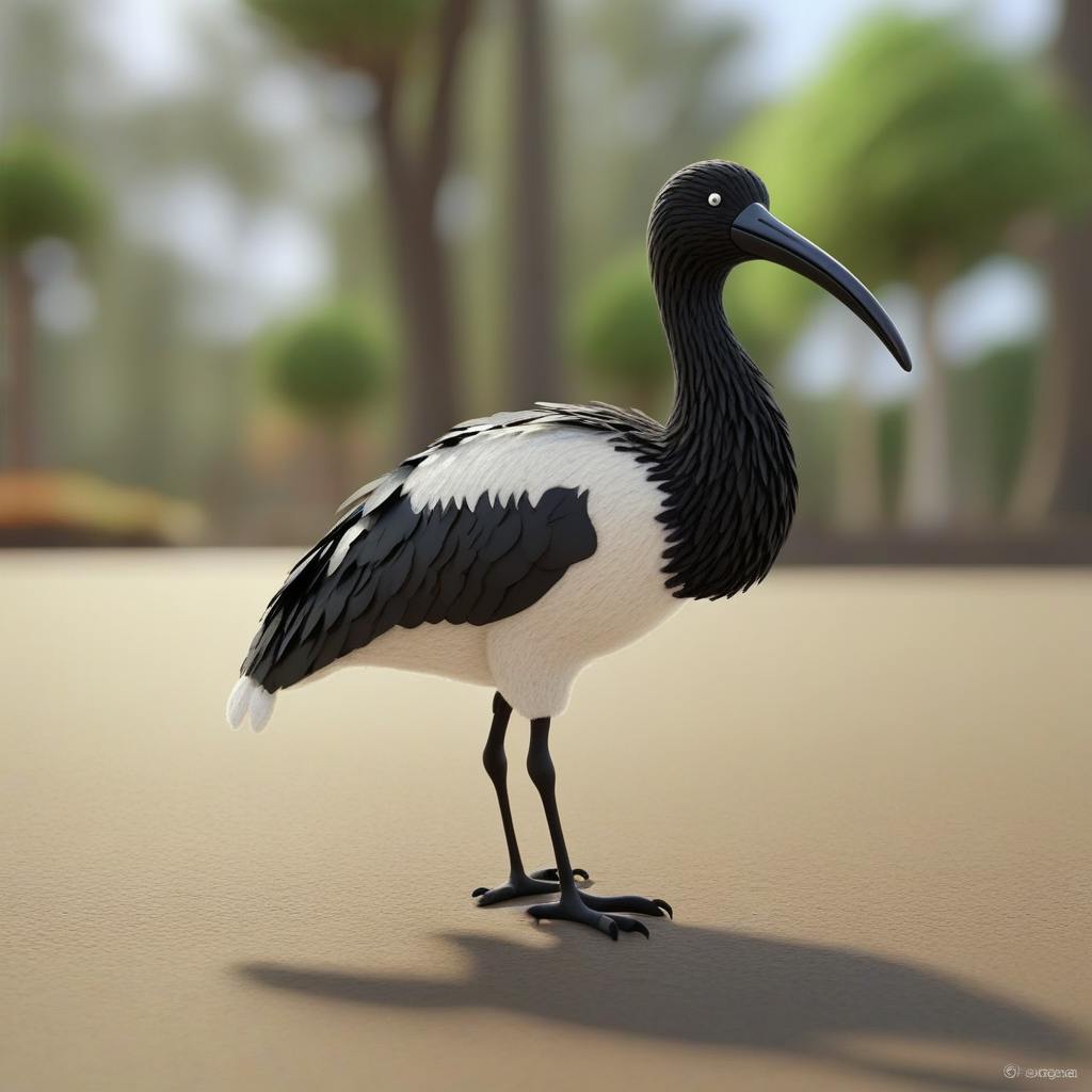 A felt-figure model of an accurately-colored Australian white ibis standing outside, with a blurred background.