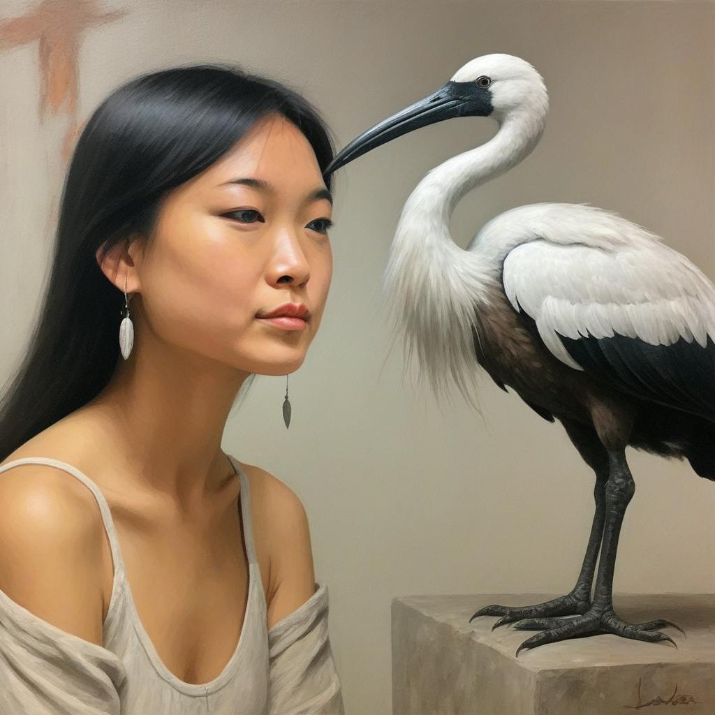 an oil painting of Kelly leaning towards an accurately-colored Australian white ibis perched on a stone block