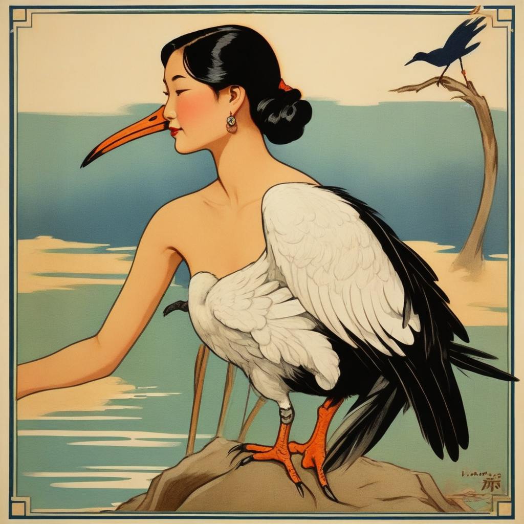 A retro illustrated travel postcard of Kelly's head and shoulders combined with the body and beak of an ibis bird, with the beach in the background.