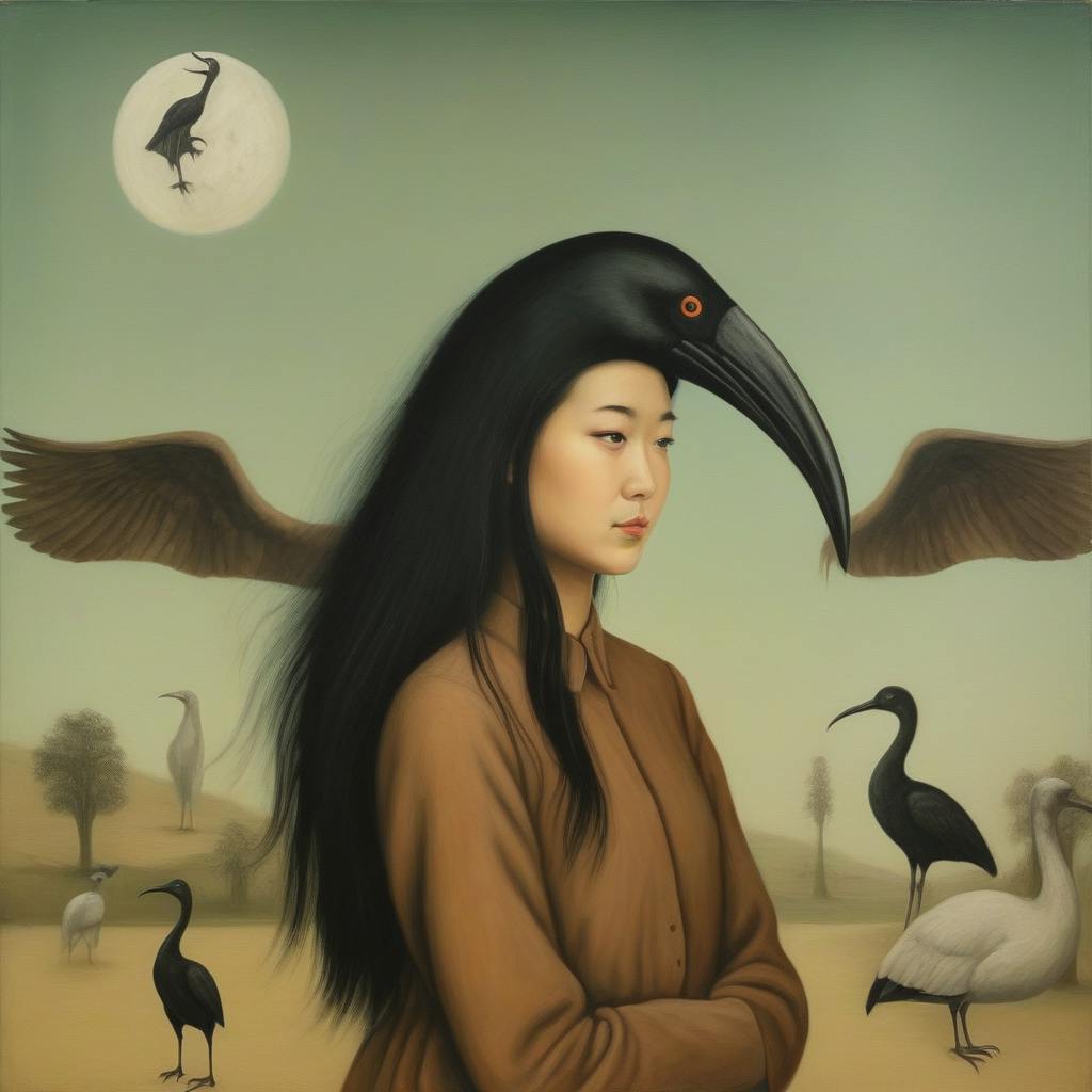 A surrealist illustration of Kelly standing in a hazy desert with the head of a black ibis bird on top of her head, merging into her black hair.