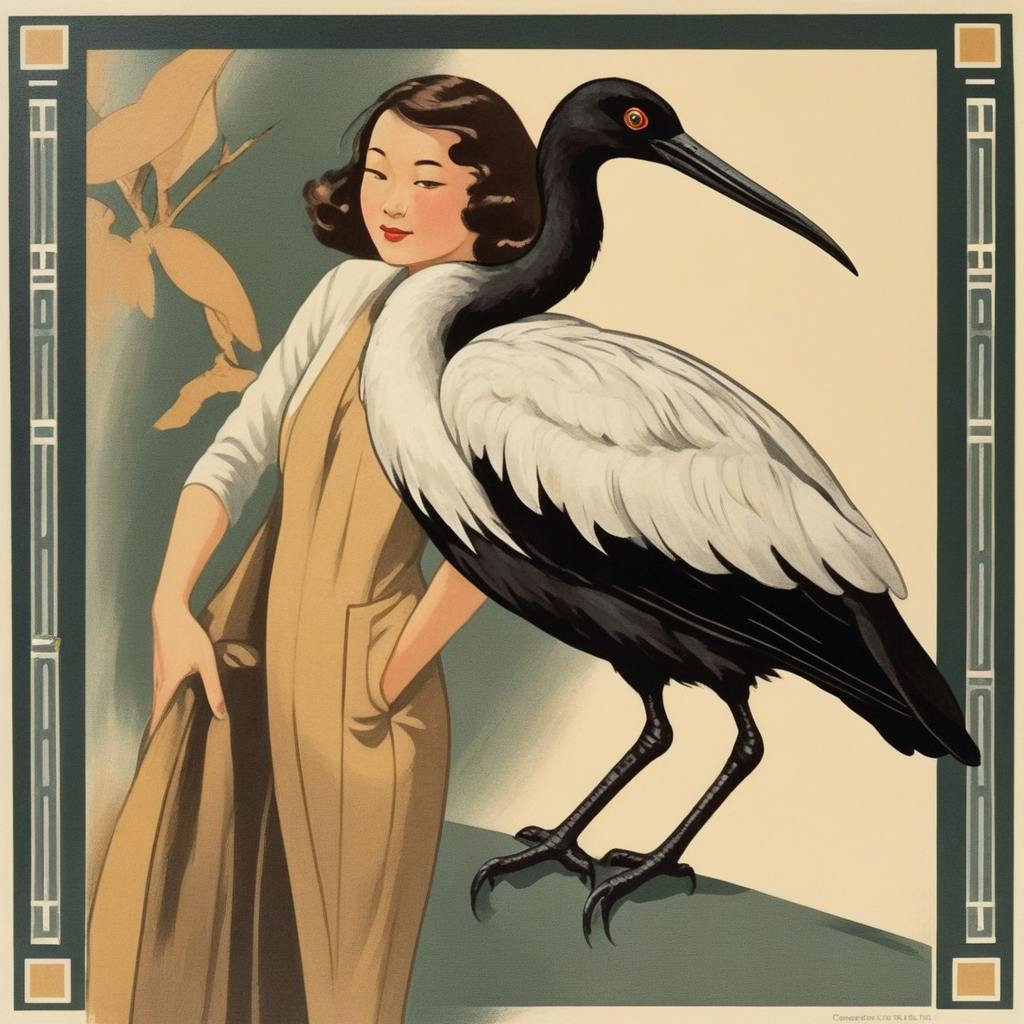 a retro illustrated travel postcard of Kelly leaning against a large accurately-colored Australian white ibis, with Kelly looking at the camera and smiling