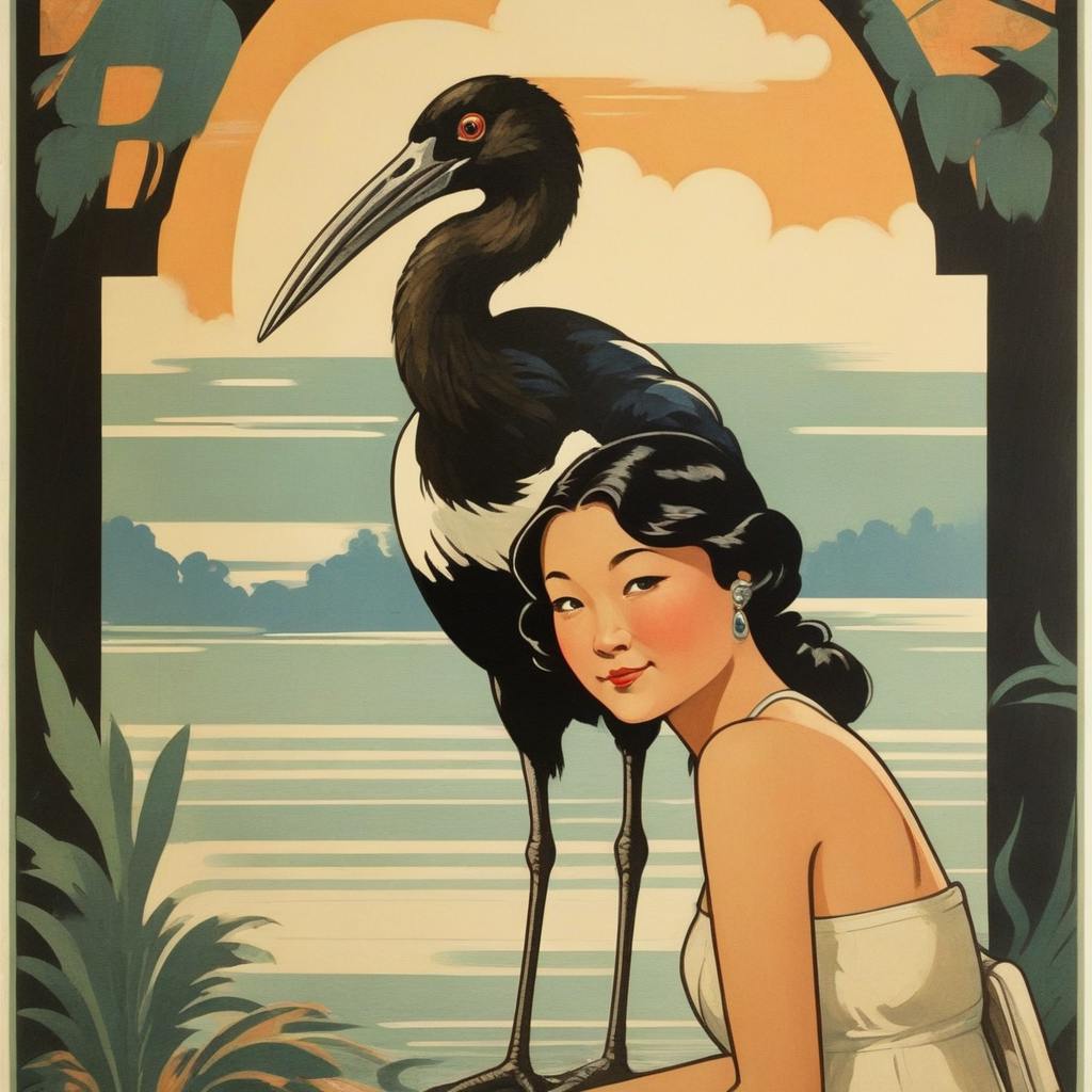 a retro illustrated travel postcard of Kelly sitting in front of a large accurately-colored Australian white ibis, with Kelly turning her head back towards the camera and smiling. There is a tropical background.