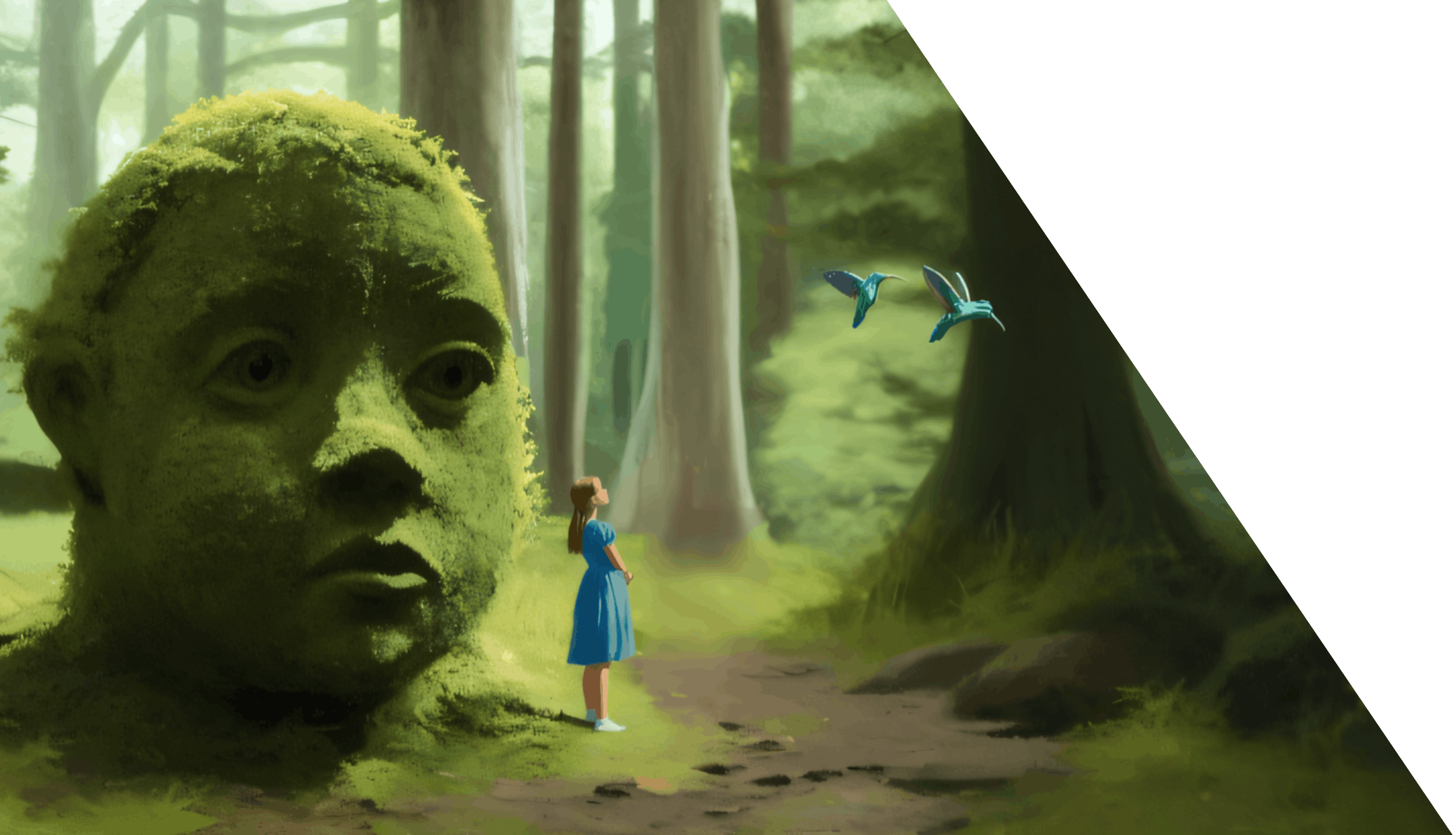 A young girl in a forest looking at birds. She stands next to a moss and vine covered gigantic statue of a child's head.