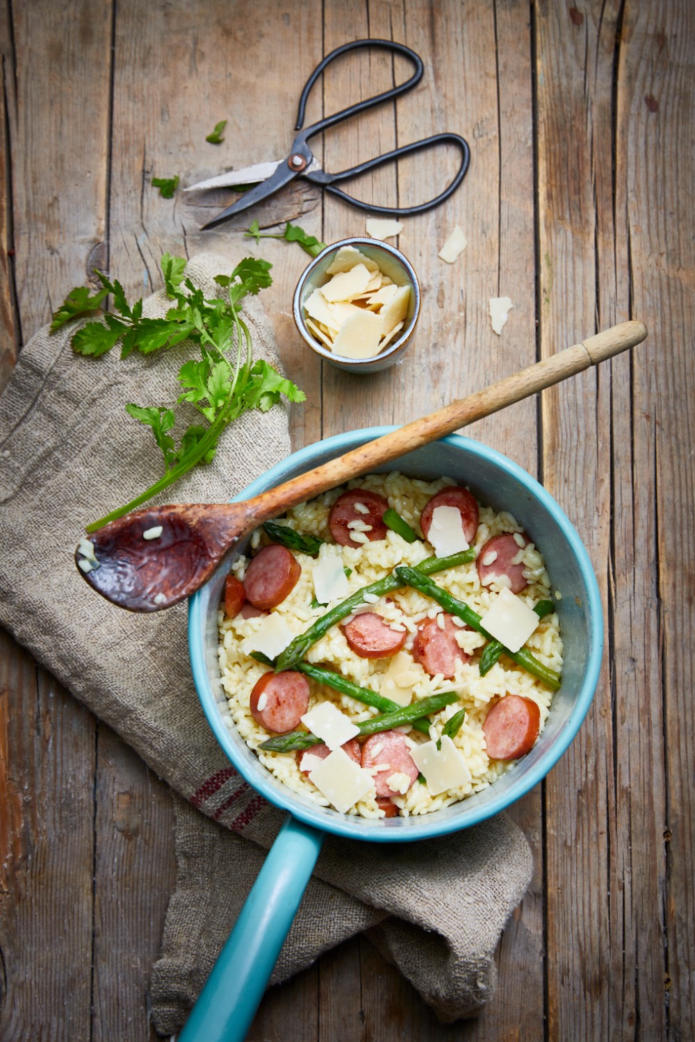 Risotto aux asperges d’Alsace et saucisses fumées