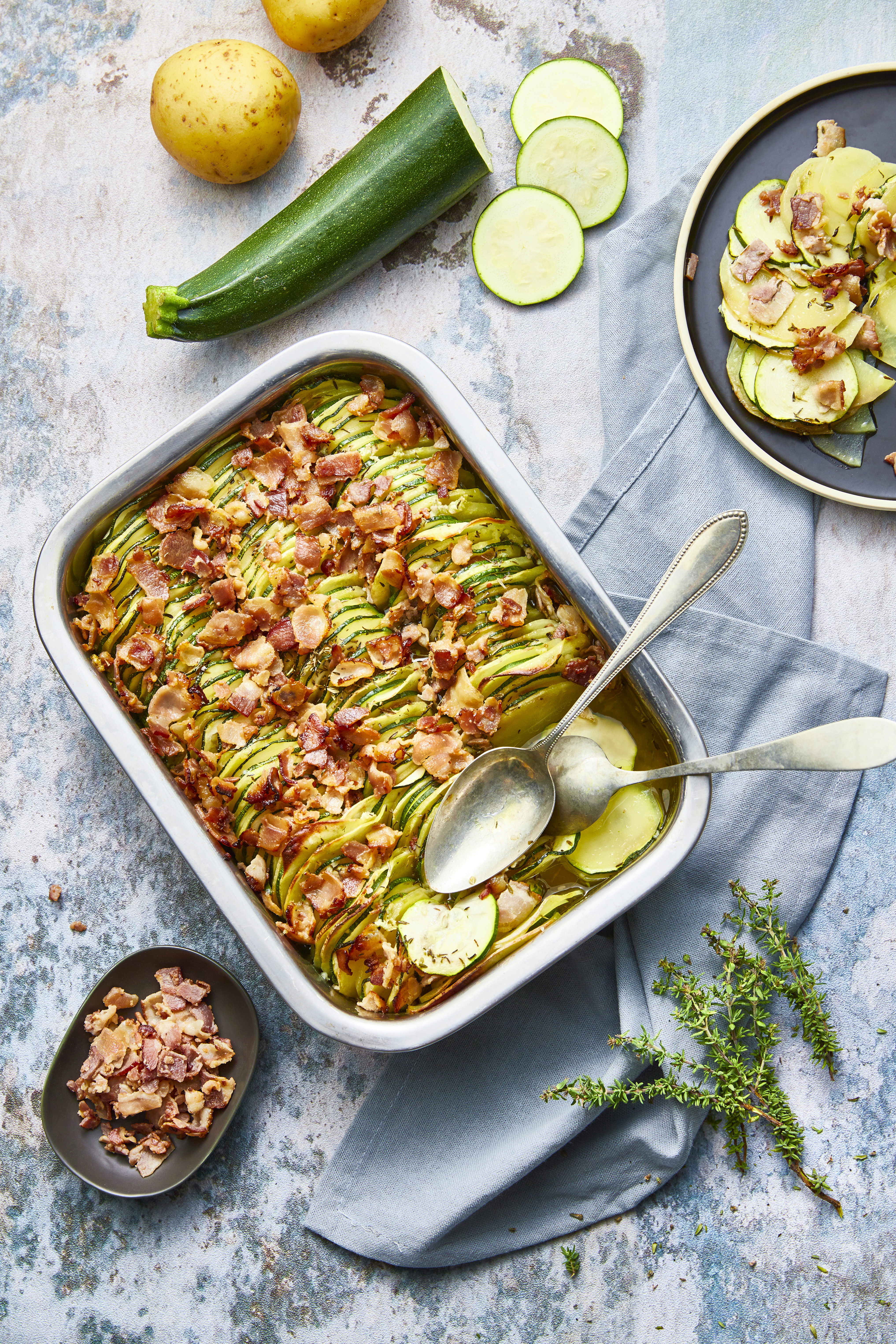 Tian de pommes de terre et courgettes aux lardons et thym