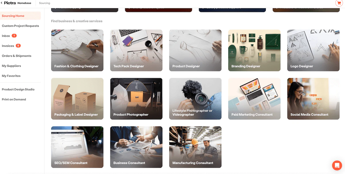 Pietra's landing page for freelancers across the many categories they offer.