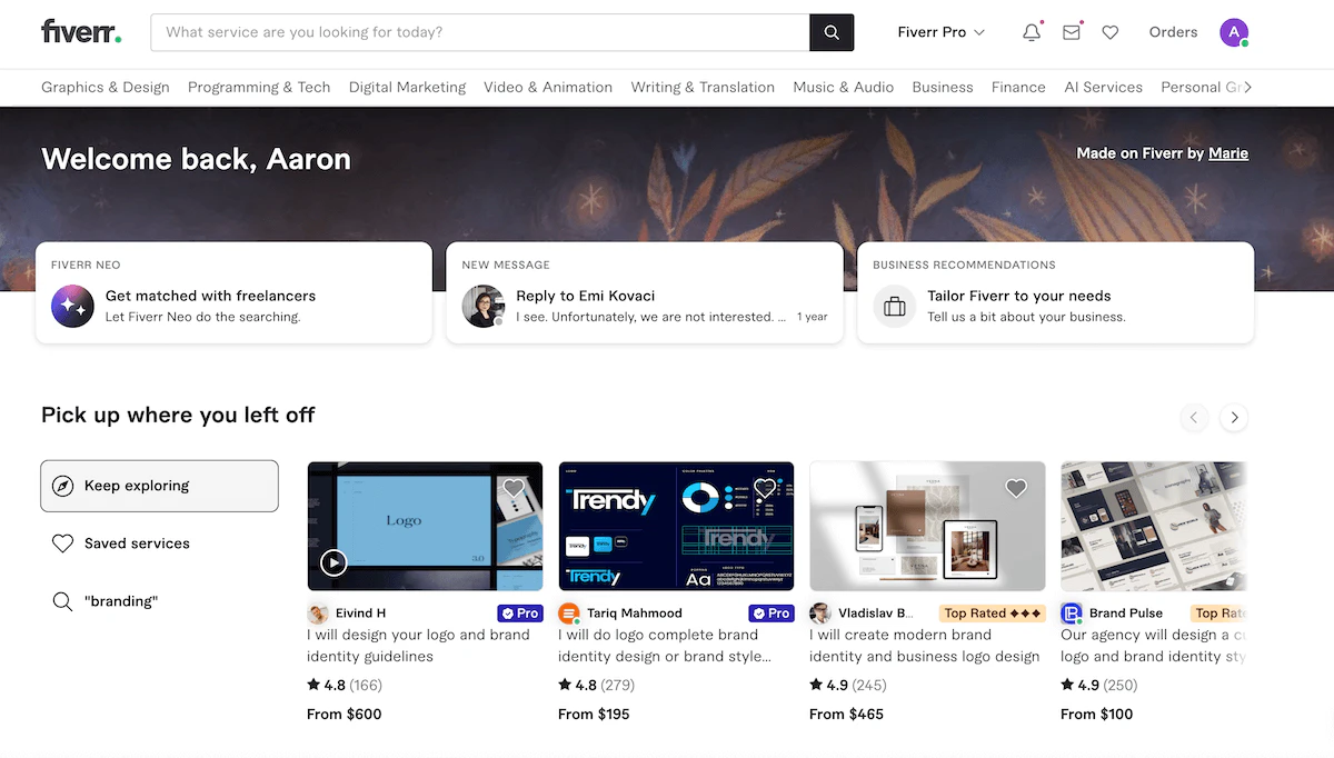 Fivvers interface for finding creative service providers.