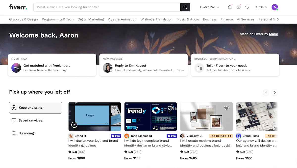 Fivvers interface for finding creative service providers.