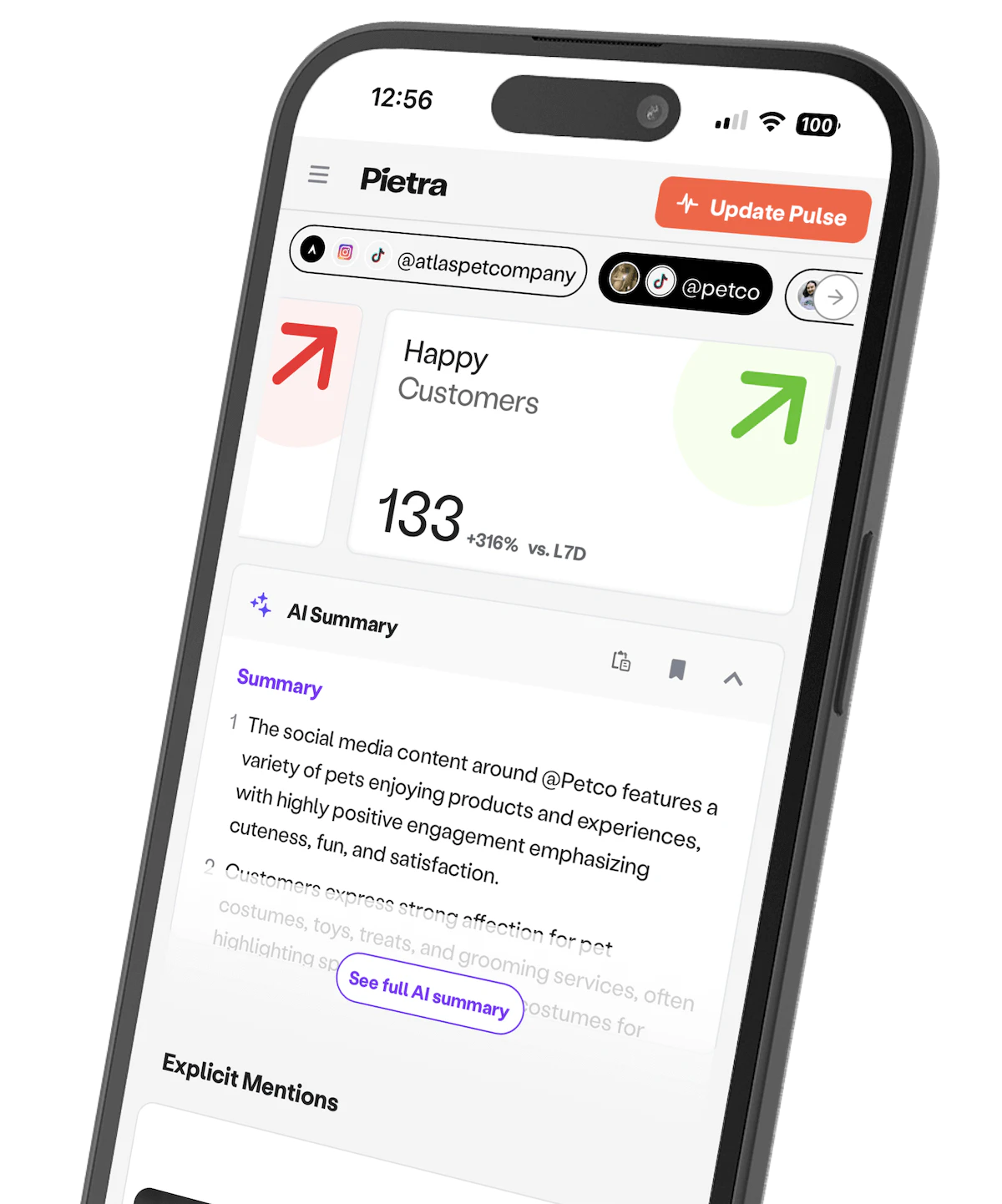 Mobile mockup - Pulse interface showing competitor insights and content downloads
