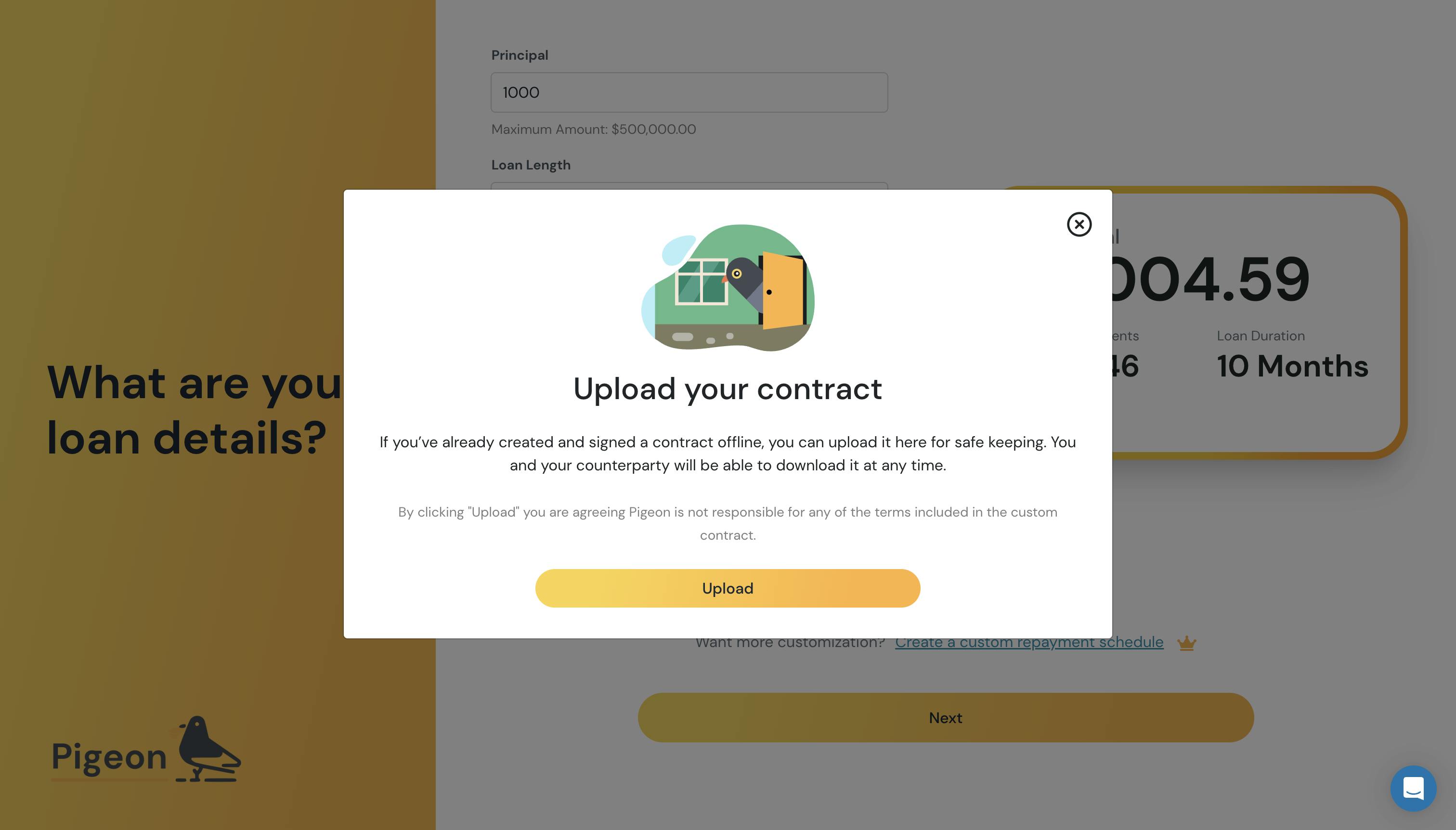Pigeon Web App Screenshot "Upload your contract"