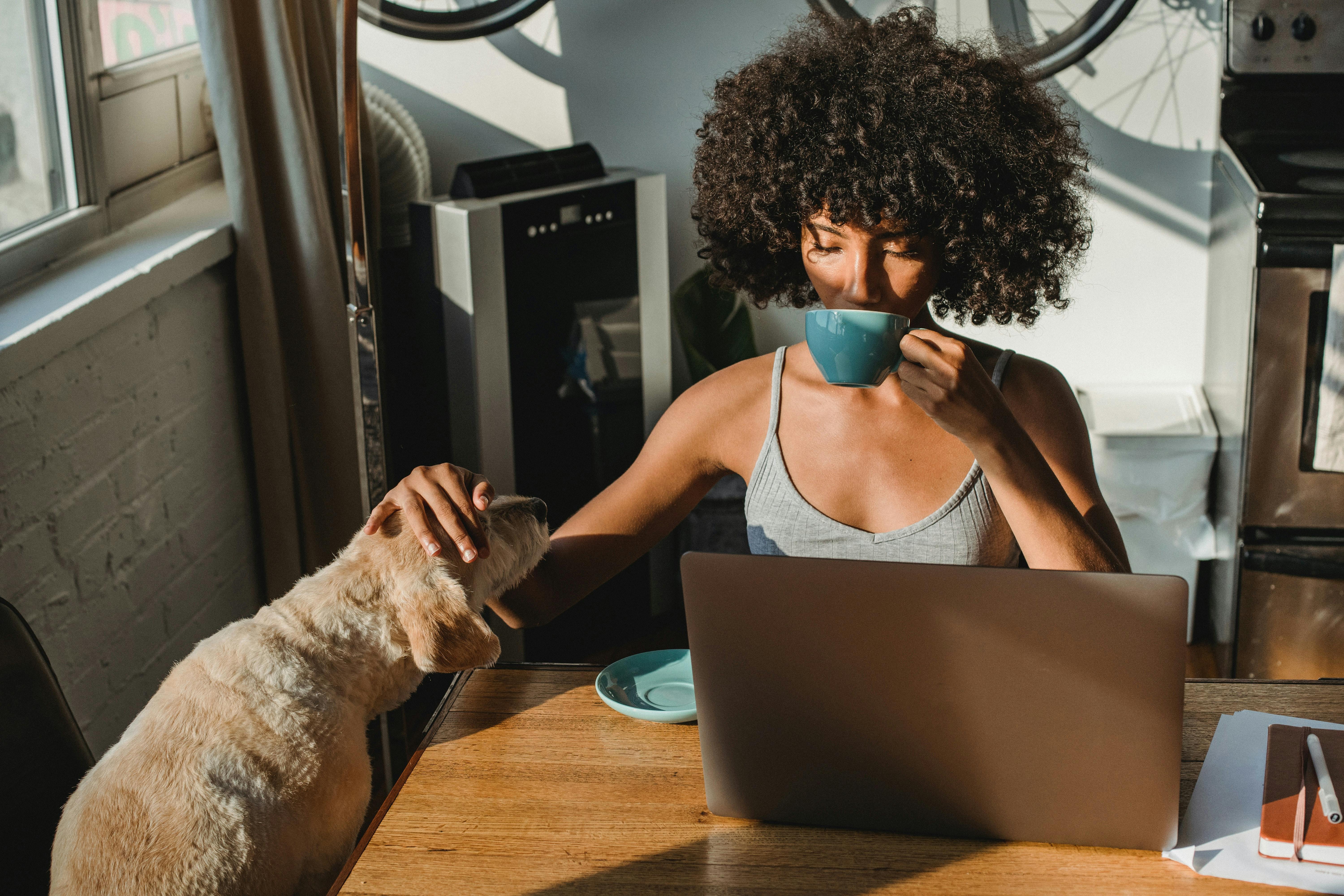 Woman petting dog looking at laptop and sipping coffee
