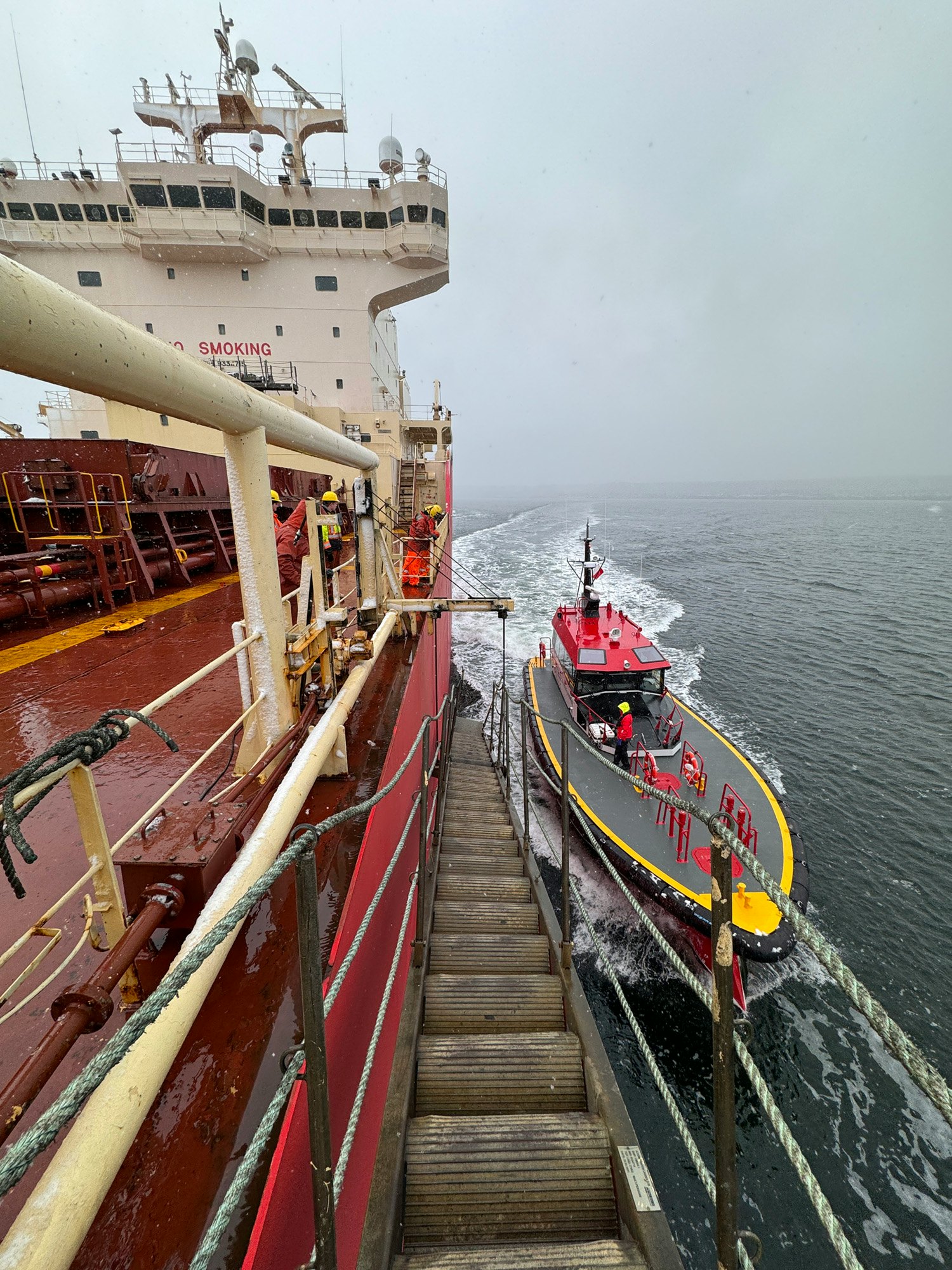 Vue d'un bateau-pilote rouge s'approchant du flanc d'un grand navire de charge beige. Une échelle de coupée descend vers l'eau, où des pilotes maritimes se préparent à monter à bord dans un environnement brumeux et humide.